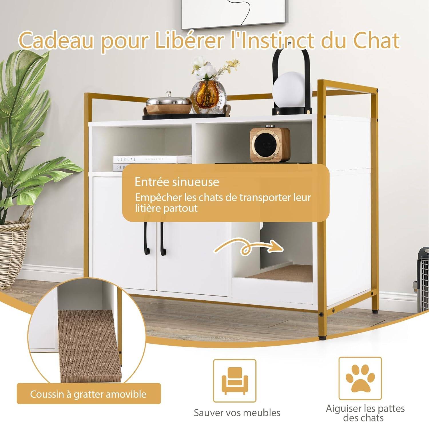Meuble Litiere Chat Griffoir Amovible Industriel,89x45x74,5cm (Blanc) - Image 4