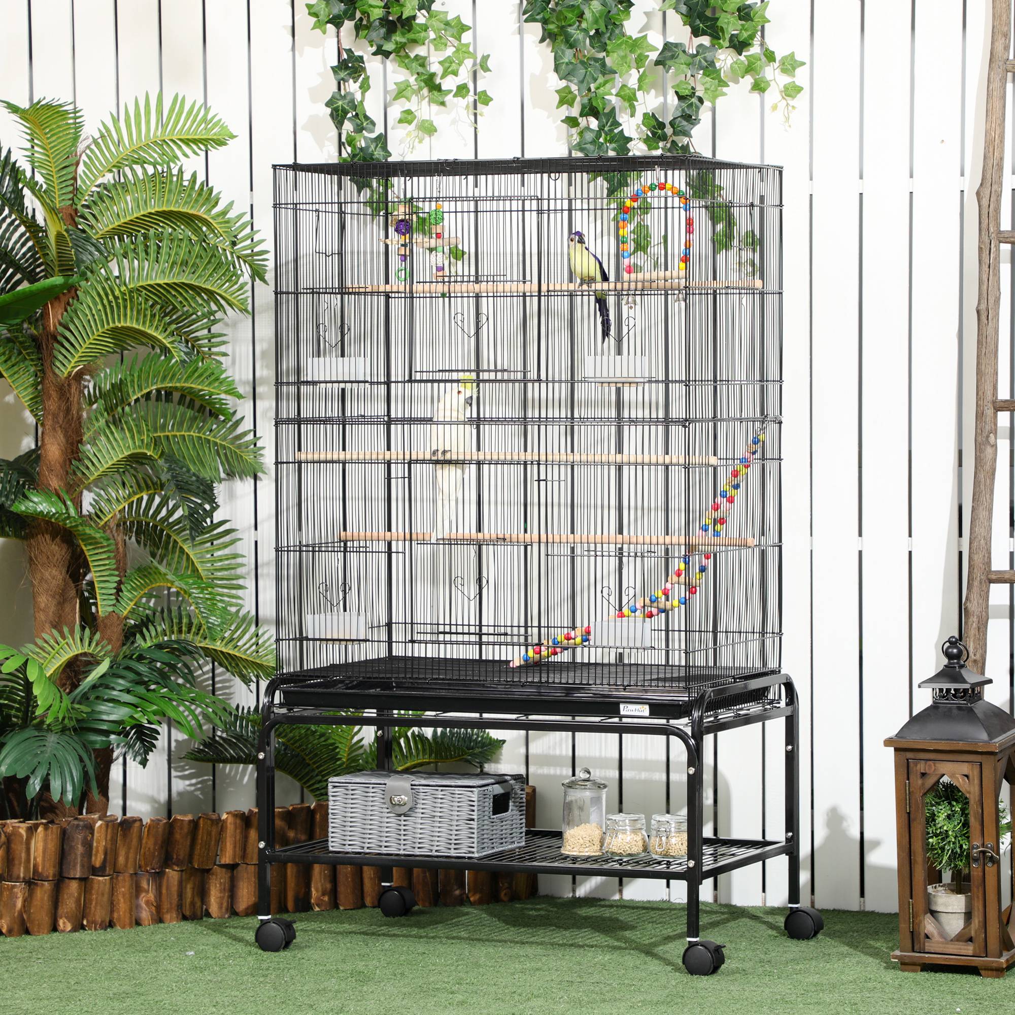 Pawhut - Cage à oiseaux sur roulettes - étagère, plateau déjection, 3 perchoirs, 4 mangeoirs, 2 portes, 8 trappes, accessoires - acier noir - Imagen 2