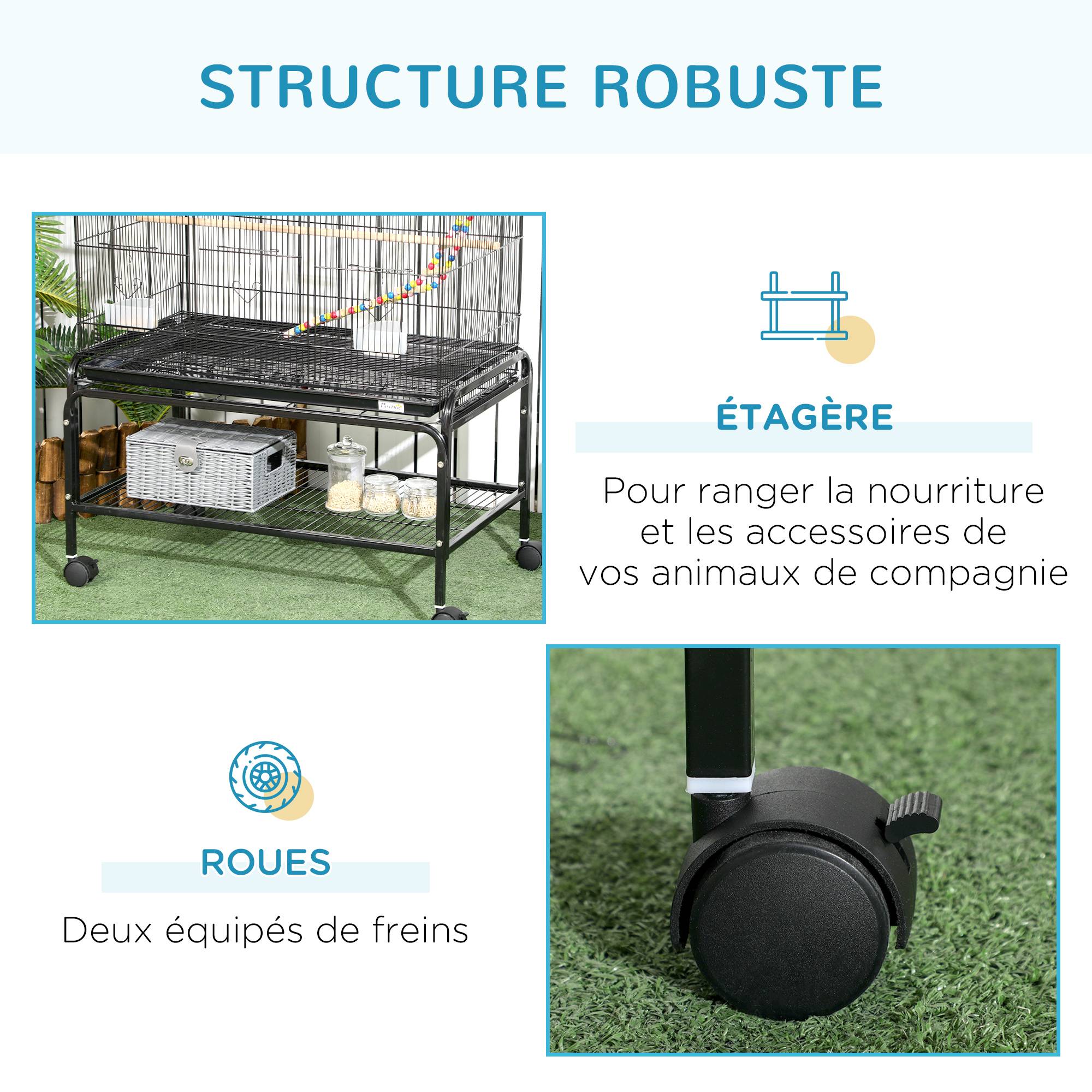 Pawhut - Cage à oiseaux sur roulettes - étagère, plateau déjection, 3 perchoirs, 4 mangeoirs, 2 portes, 8 trappes, accessoires - acier noir - Imagen 7