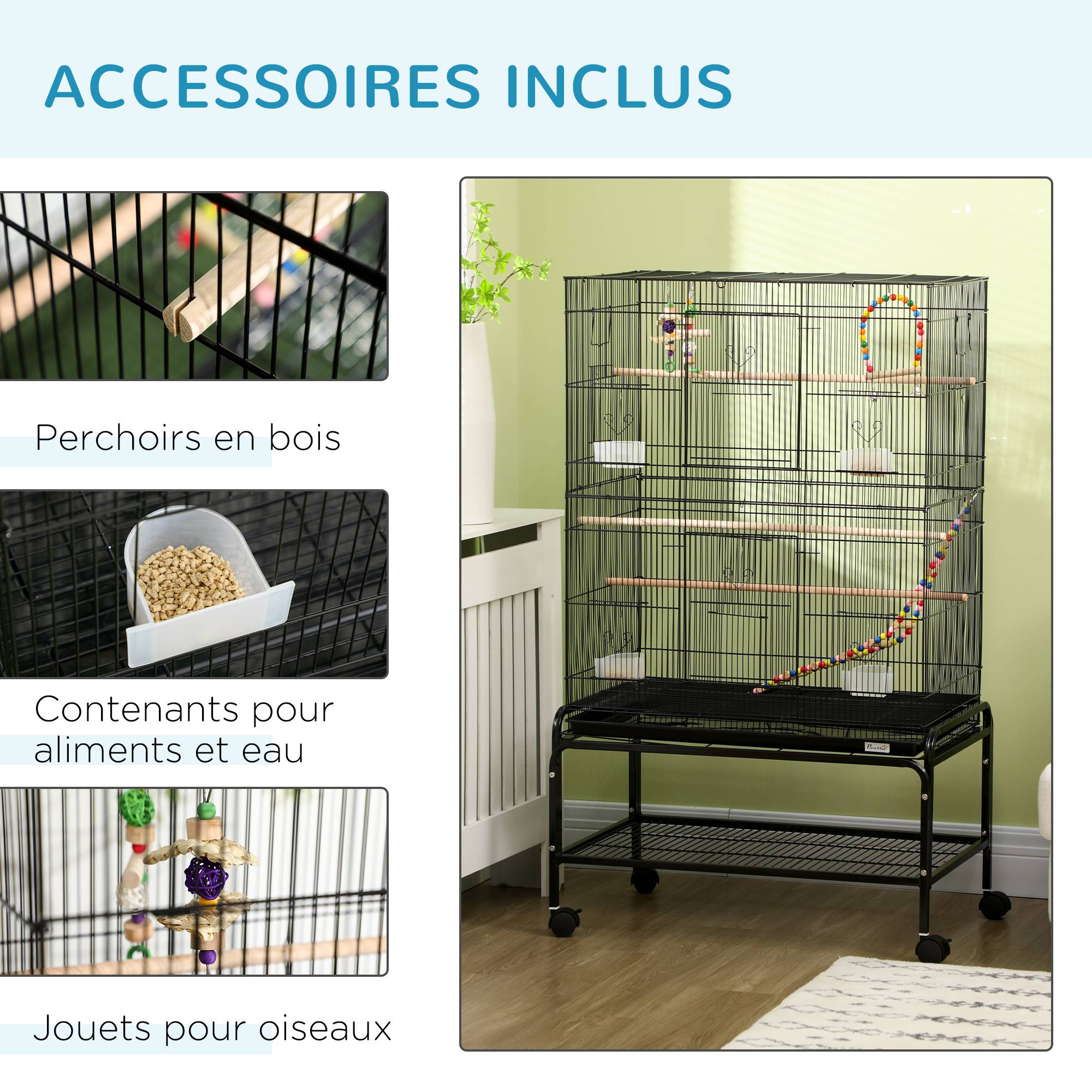 Pawhut - Cage à oiseaux sur roulettes - étagère, plateau déjection, 3 perchoirs, 4 mangeoirs, 2 portes, 8 trappes, accessoires - acier noir - Imagen 5