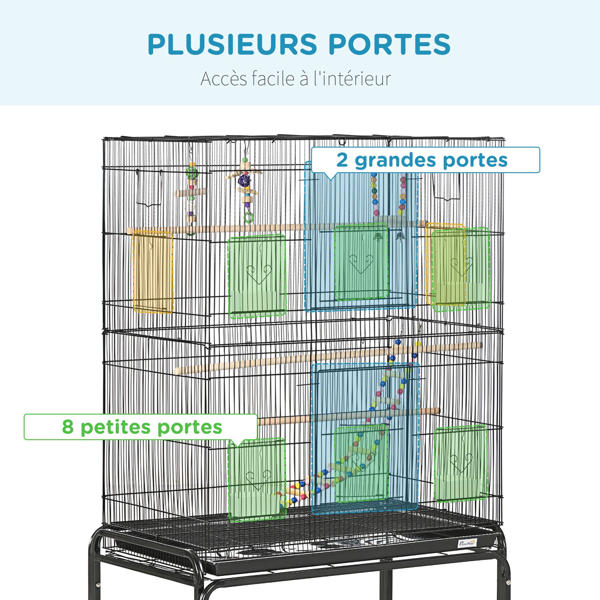 Pawhut - Cage à oiseaux sur roulettes - étagère, plateau déjection, 3 perchoirs, 4 mangeoirs, 2 portes, 8 trappes, accessoires - acier noir - Imagen 4
