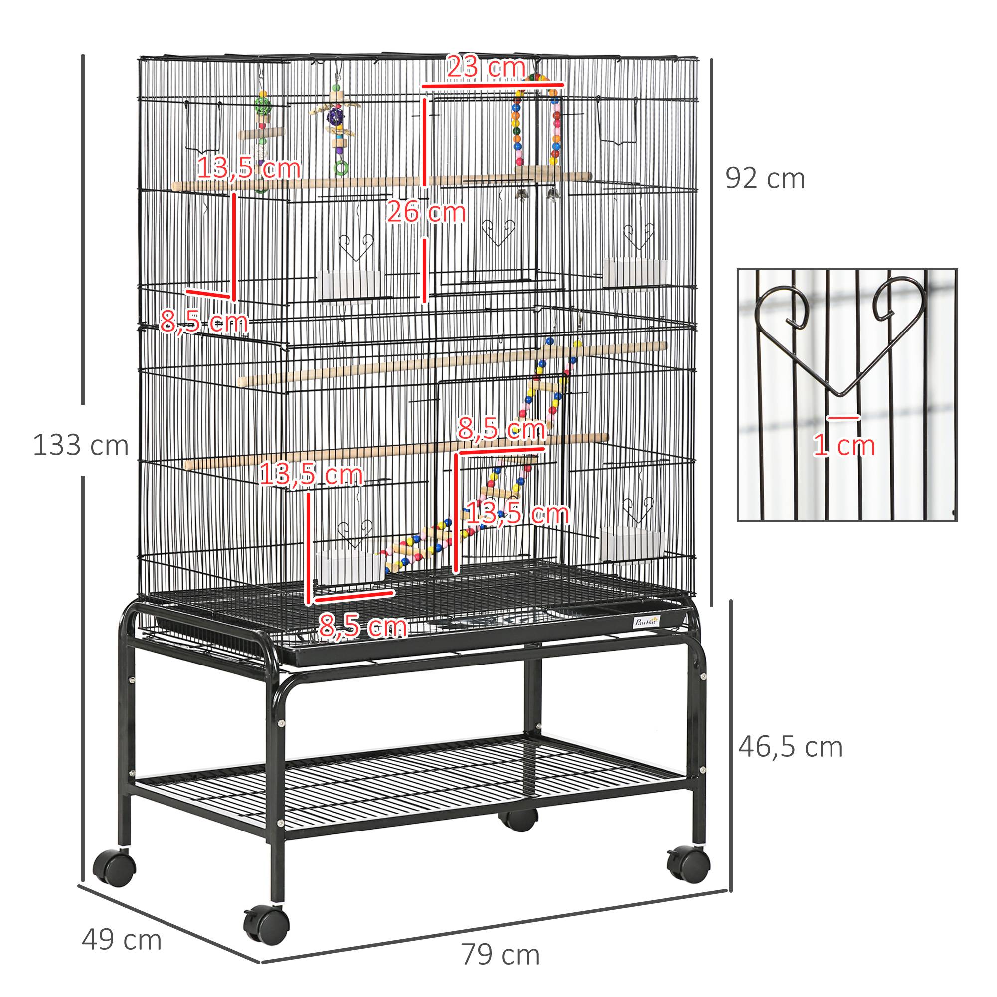 Pawhut - Cage à oiseaux sur roulettes - étagère, plateau déjection, 3 perchoirs, 4 mangeoirs, 2 portes, 8 trappes, accessoires - acier noir - Imagen 3