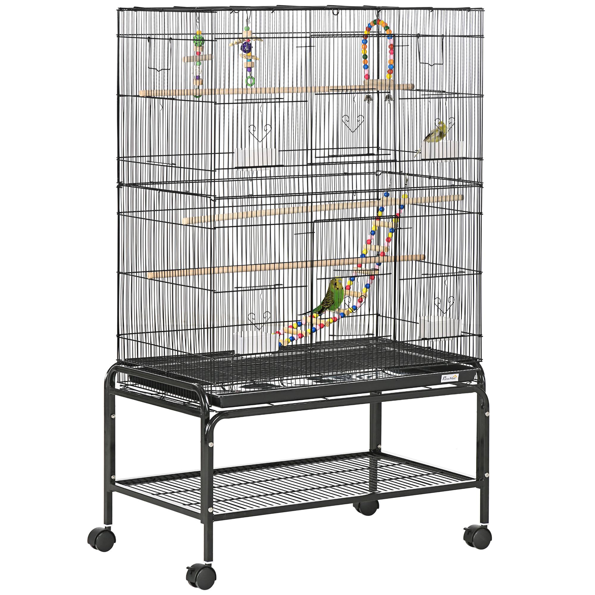 Pawhut - Cage à oiseaux sur roulettes - étagère, plateau déjection, 3 perchoirs, 4 mangeoirs, 2 portes, 8 trappes, accessoires - acier noir - Imagen 1