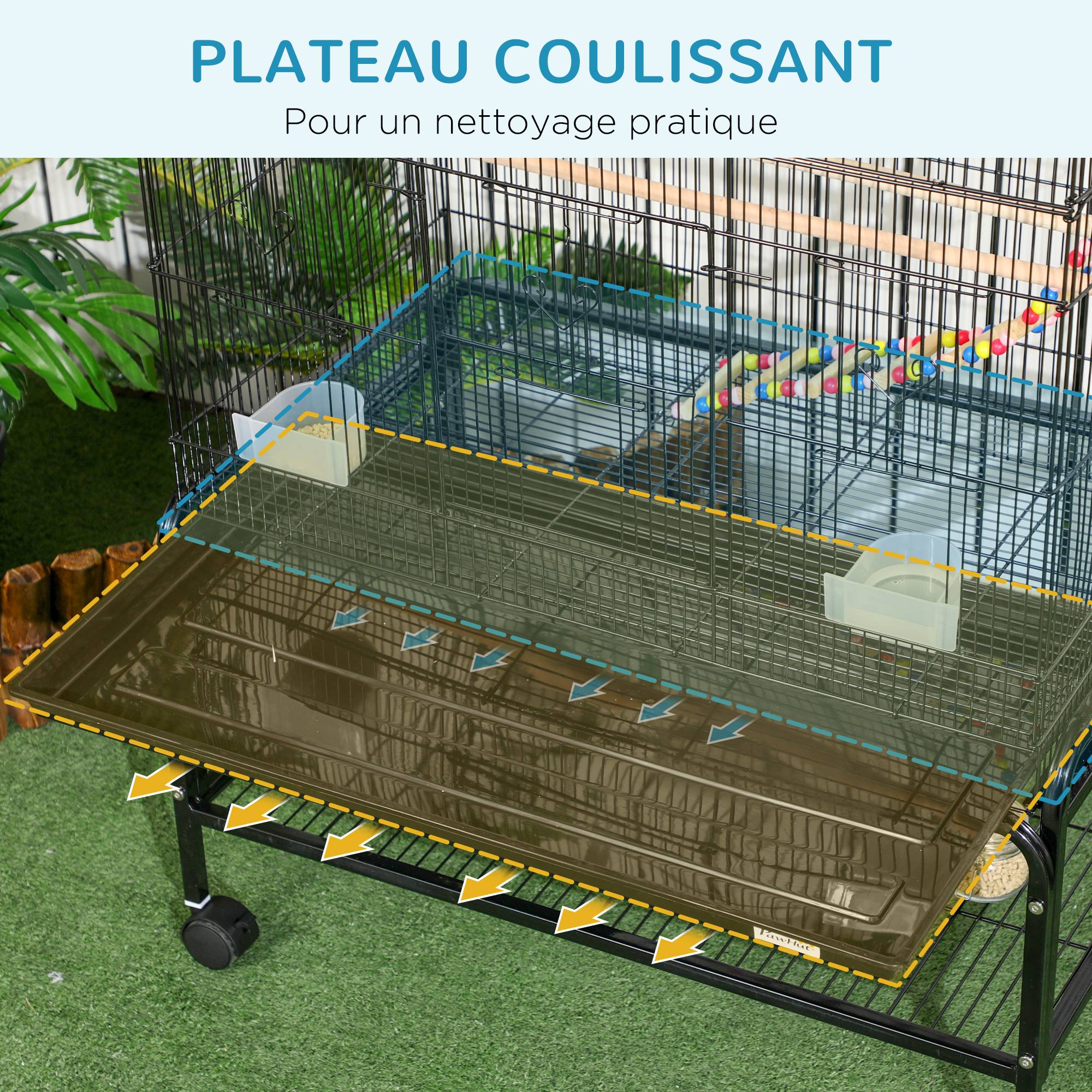 Pawhut - Cage à oiseaux sur roulettes - étagère, plateau déjection, 3 perchoirs, 4 mangeoirs, 2 portes, 8 trappes, accessoires - acier noir - Imagen 6