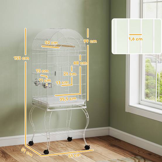 Cage à oiseaux avec roulettes et étagère, dessus rabattable, mangeoires et plateau extractible, 51x51x153 cm, blanc - Image 5