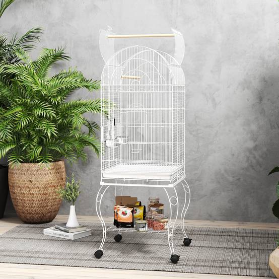 Cage à oiseaux avec roulettes et étagère, dessus rabattable, mangeoires et plateau extractible, 51x51x153 cm, blanc - Image 9