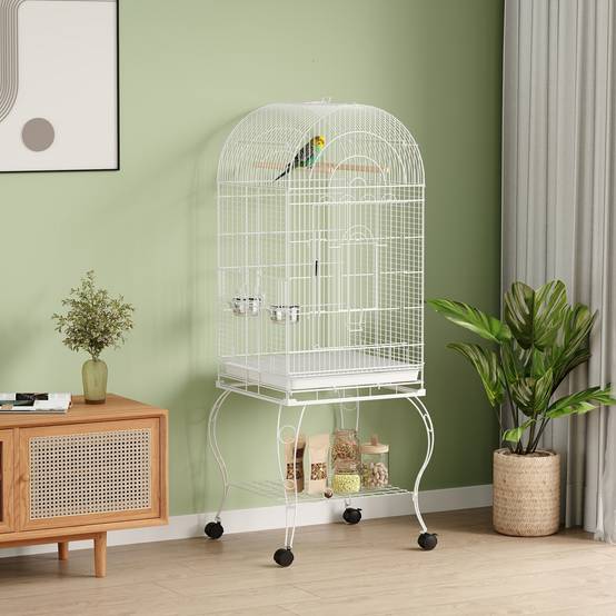 Cage à oiseaux avec roulettes et étagère, dessus rabattable, mangeoires et plateau extractible, 51x51x153 cm, blanc - Image 3