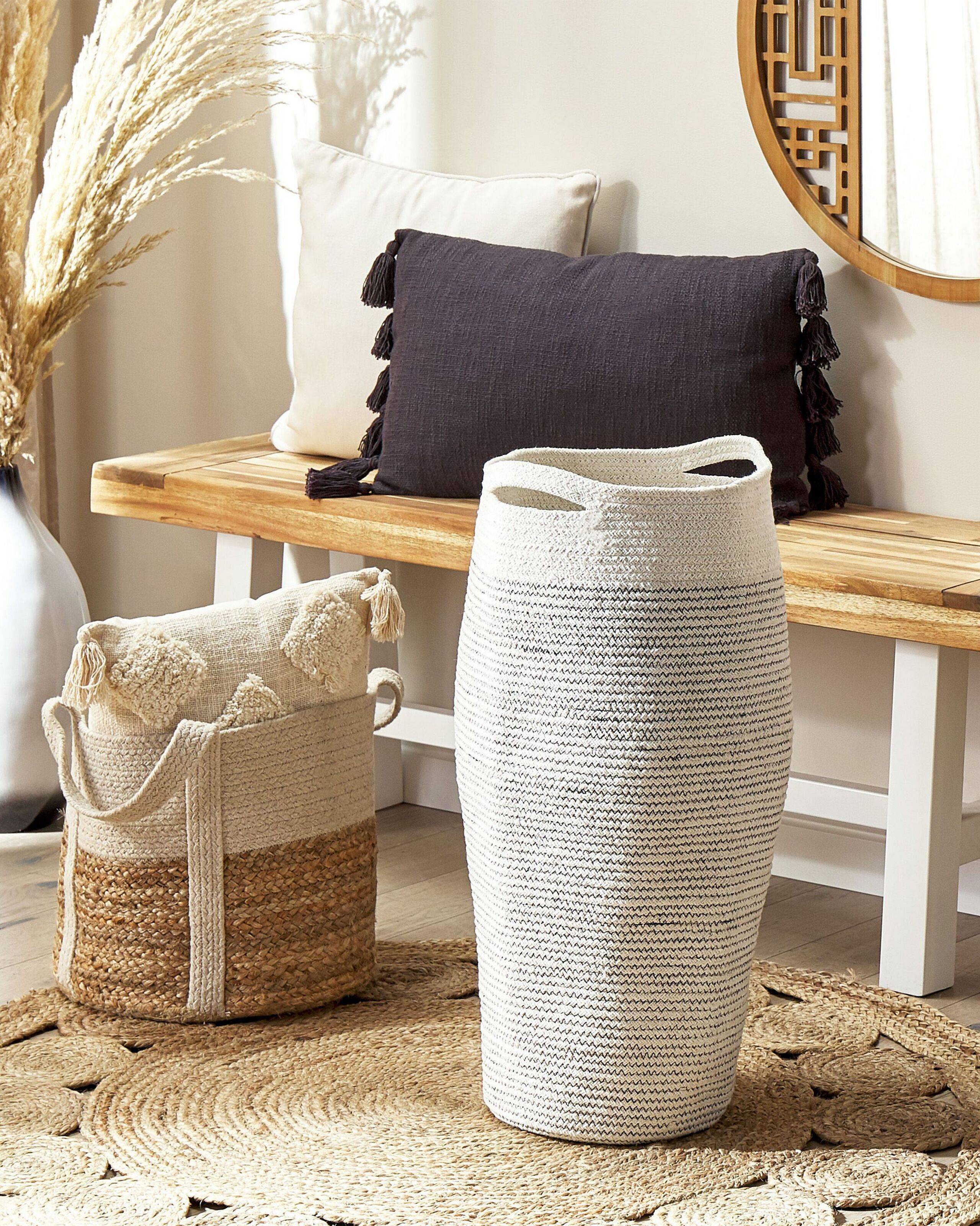 Beliani - Panier Blanc et Gris en Coton 33 cm de Diamètre Corbeille à Linge Faite Main Tressée Rangement à Rayures pour Intérieur Accessoire Rangement - Imagen 2