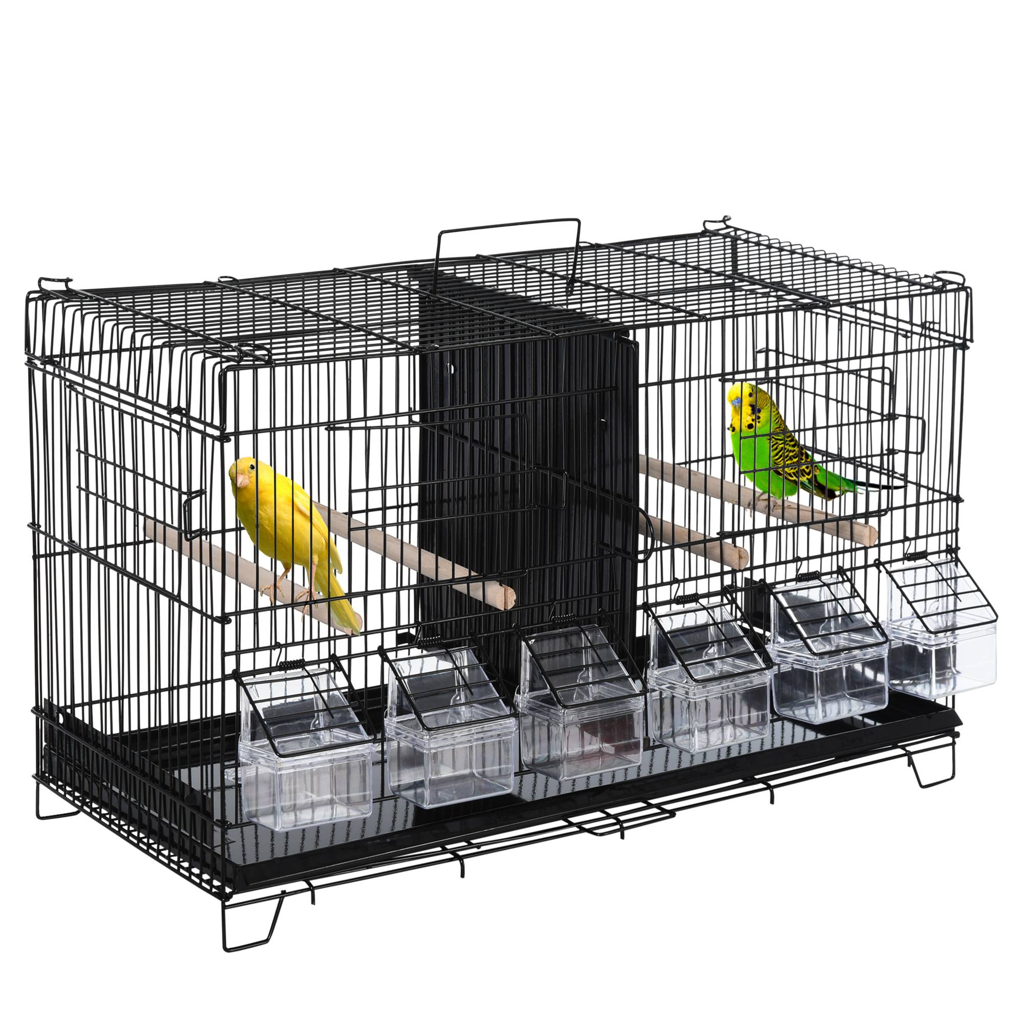 Pawhut - PawHut Cage à oiseaux dim. 59,5L x 29,8I x 35,3H cm mangeoires perchoirs 4 portes plateau excrément amovible + poignée transport métal PP noir - Imagen 1