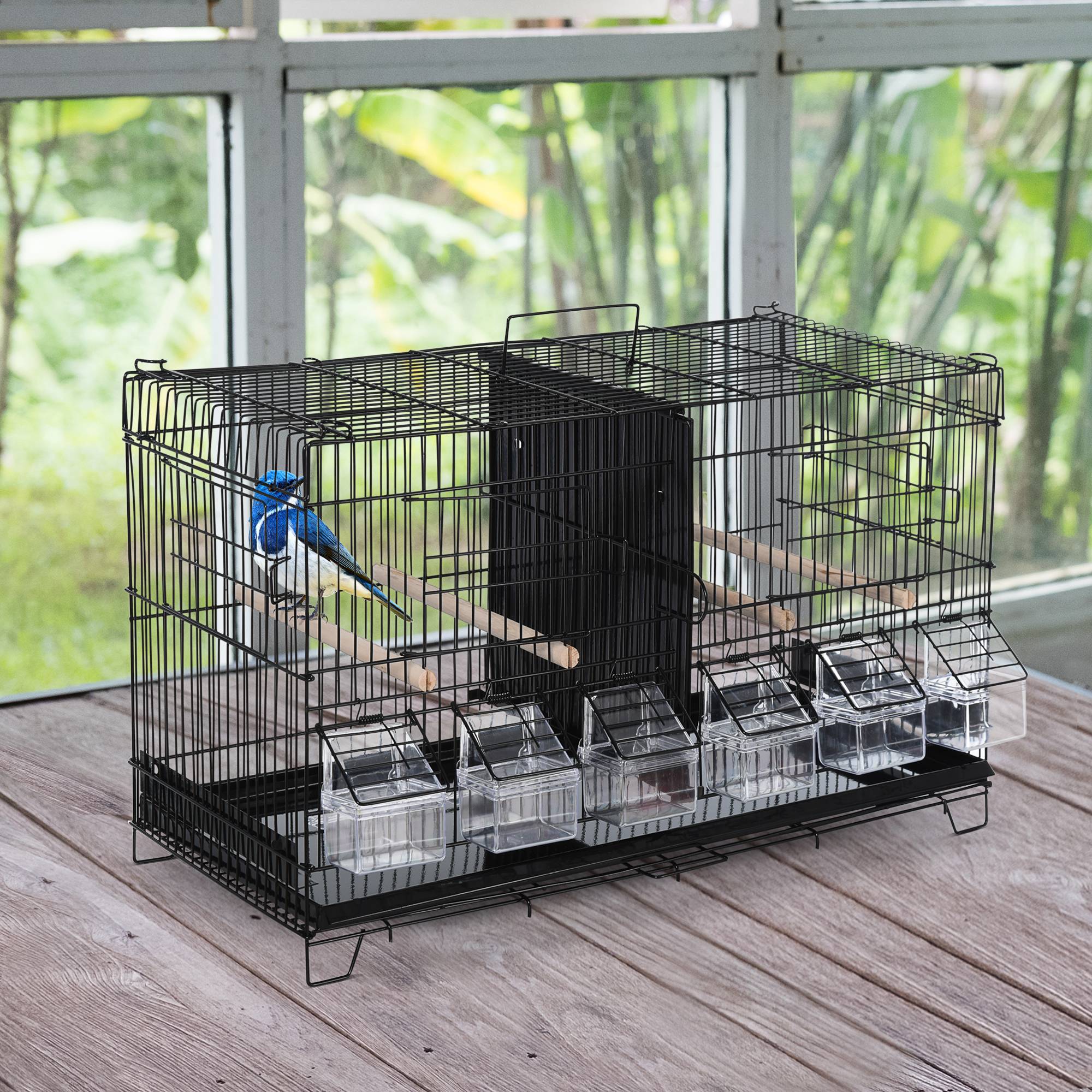 Pawhut - PawHut Cage à oiseaux dim. 59,5L x 29,8I x 35,3H cm mangeoires perchoirs 4 portes plateau excrément amovible + poignée transport métal PP noir - Imagen 2