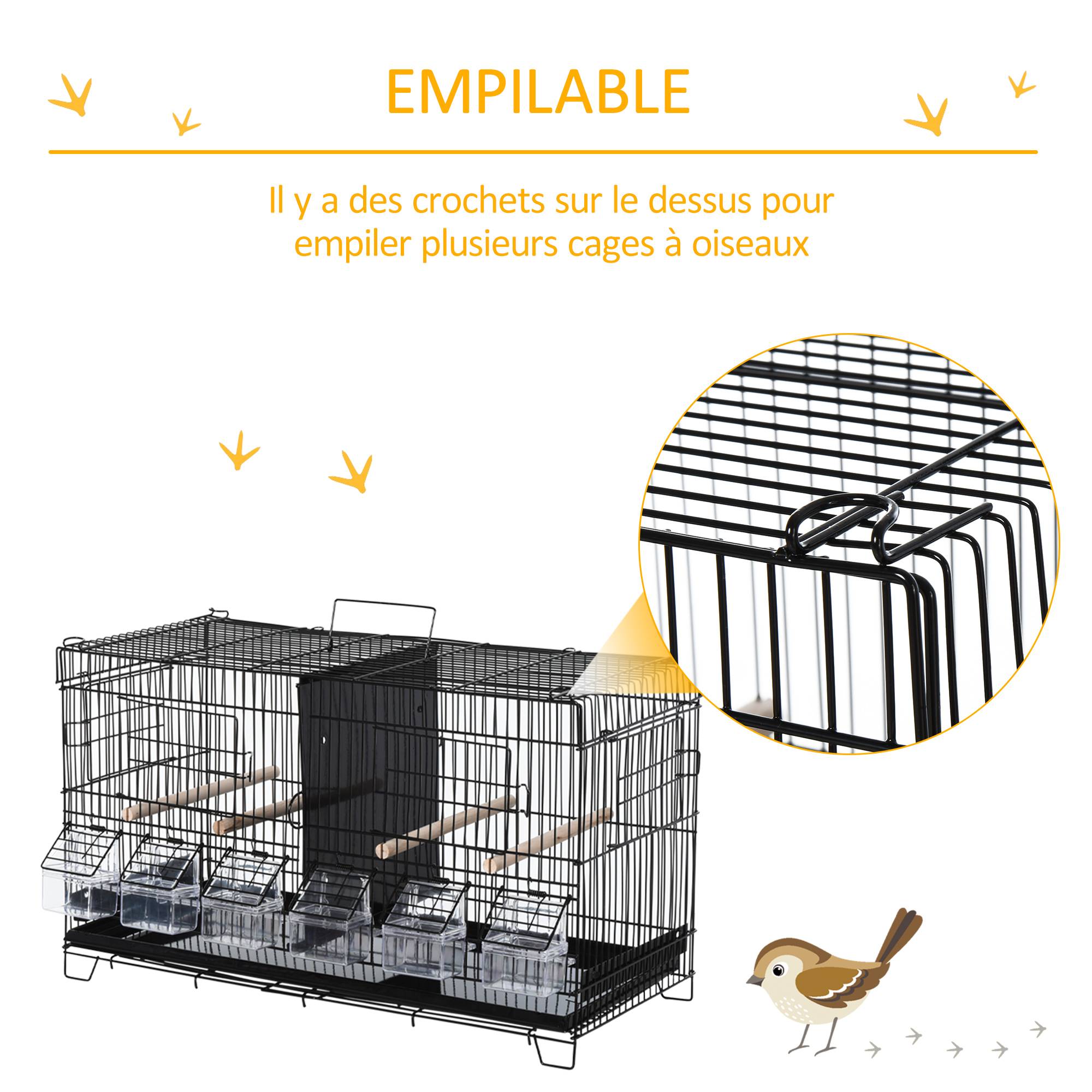 Pawhut - PawHut Cage à oiseaux dim. 59,5L x 29,8I x 35,3H cm mangeoires perchoirs 4 portes plateau excrément amovible + poignée transport métal PP noir - Imagen 7