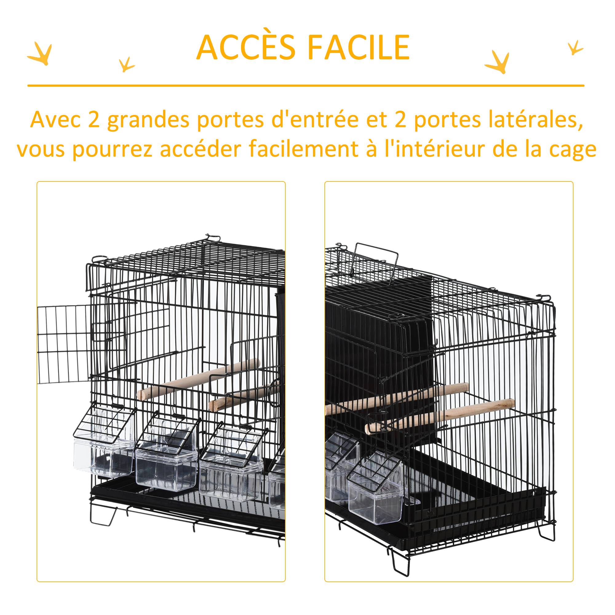 Pawhut - PawHut Cage à oiseaux dim. 59,5L x 29,8I x 35,3H cm mangeoires perchoirs 4 portes plateau excrément amovible + poignée transport métal PP noir - Imagen 5