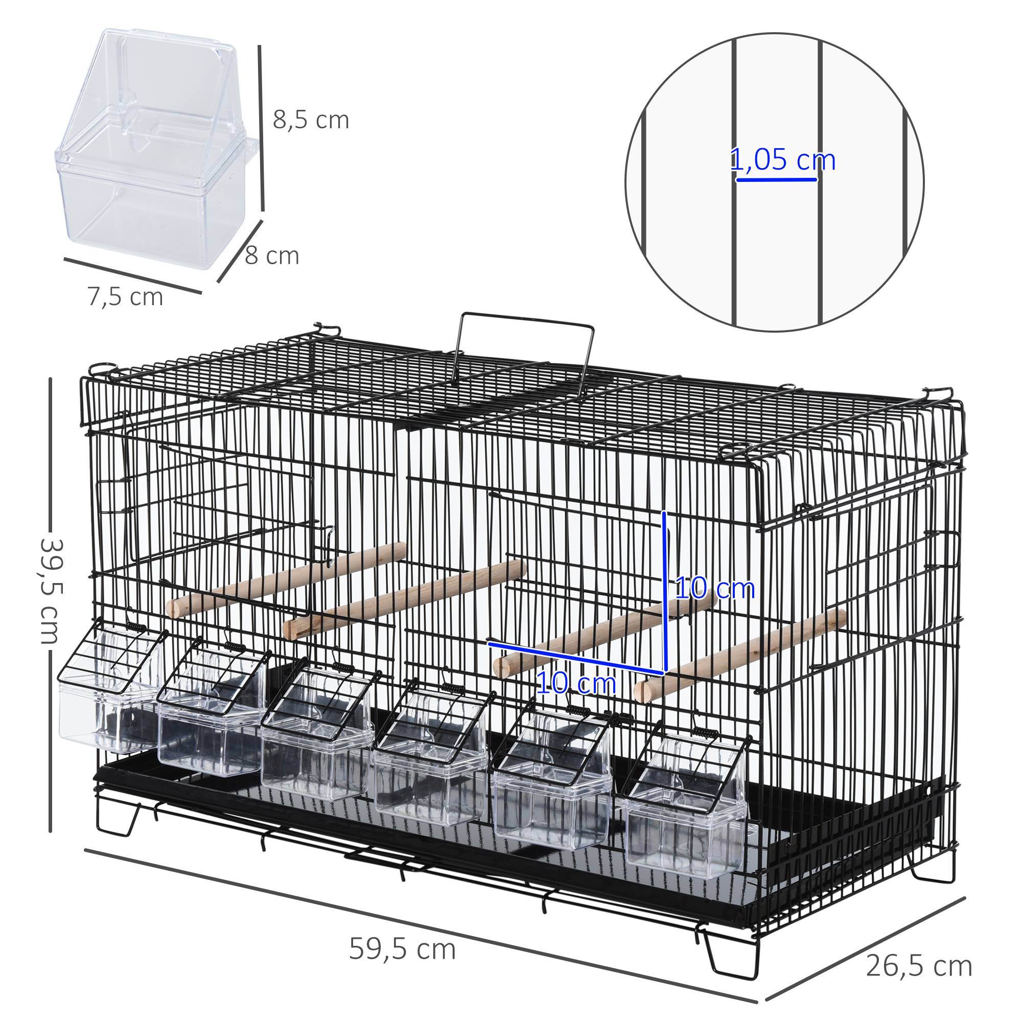 Pawhut - PawHut Cage à oiseaux dim. 59,5L x 29,8I x 35,3H cm mangeoires perchoirs 4 portes plateau excrément amovible + poignée transport métal PP noir - Imagen 3
