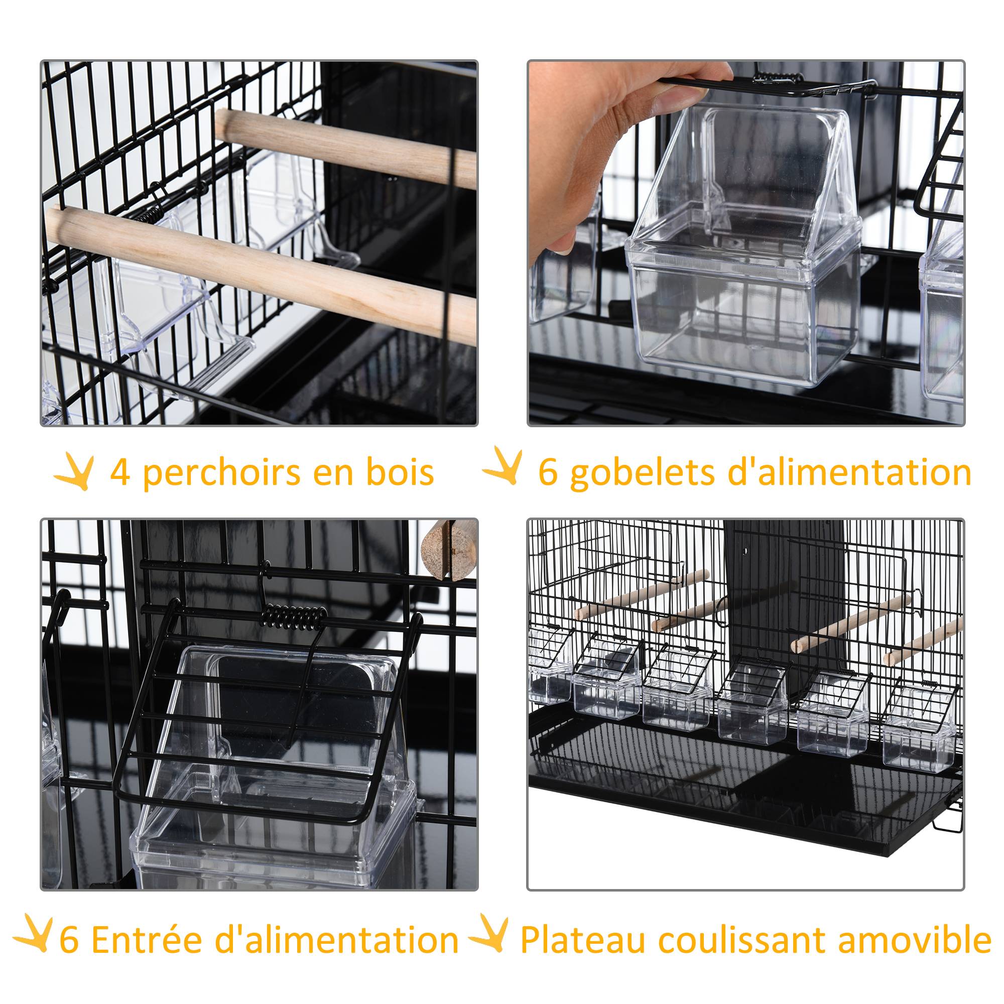 Pawhut - PawHut Cage à oiseaux dim. 59,5L x 29,8I x 35,3H cm mangeoires perchoirs 4 portes plateau excrément amovible + poignée transport métal PP noir - Imagen 4