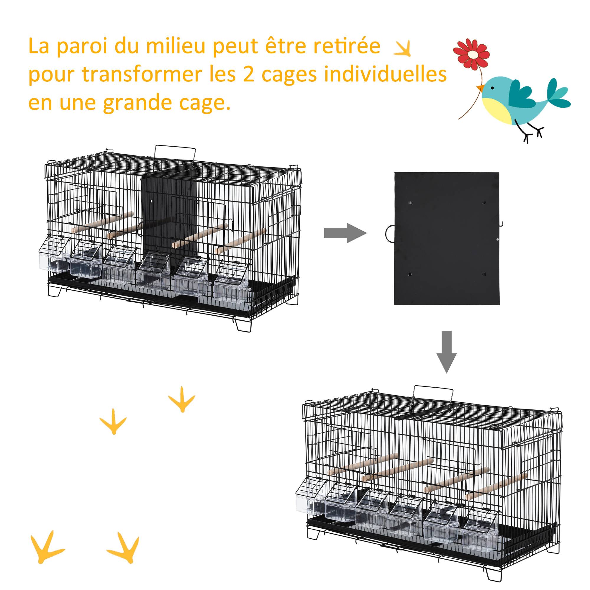 Pawhut - PawHut Cage à oiseaux dim. 59,5L x 29,8I x 35,3H cm mangeoires perchoirs 4 portes plateau excrément amovible + poignée transport métal PP noir - Imagen 6