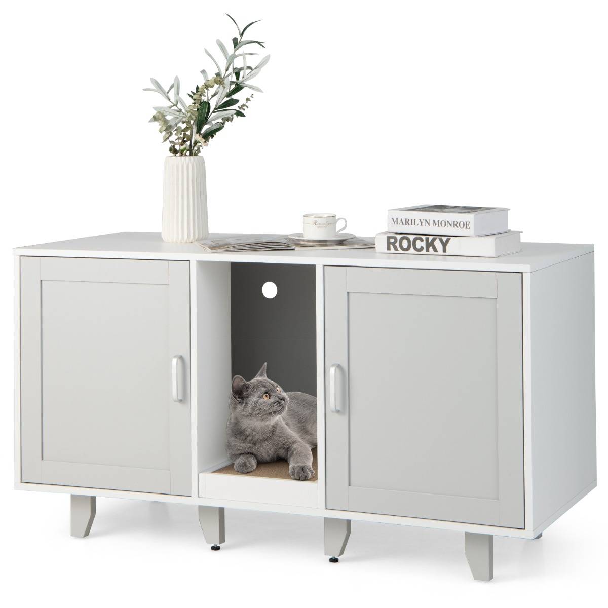 Maison de Toilette pour Chat 2 Portes Planche à Gratter Amovible Meuble Bac à Litière pour Chat 2 Compartiments Gris - Image 4