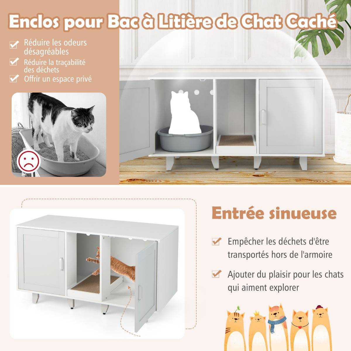 Maison de Toilette pour Chat 2 Portes Planche à Gratter Amovible Meuble Bac à Litière pour Chat 2 Compartiments Gris - Image 8