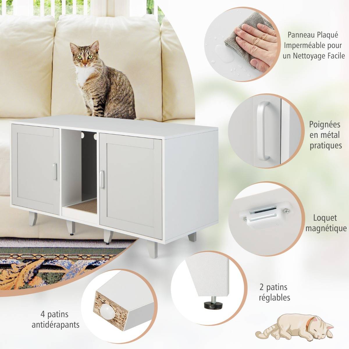 Maison de Toilette pour Chat 2 Portes Planche à Gratter Amovible Meuble Bac à Litière pour Chat 2 Compartiments Gris - Image 5