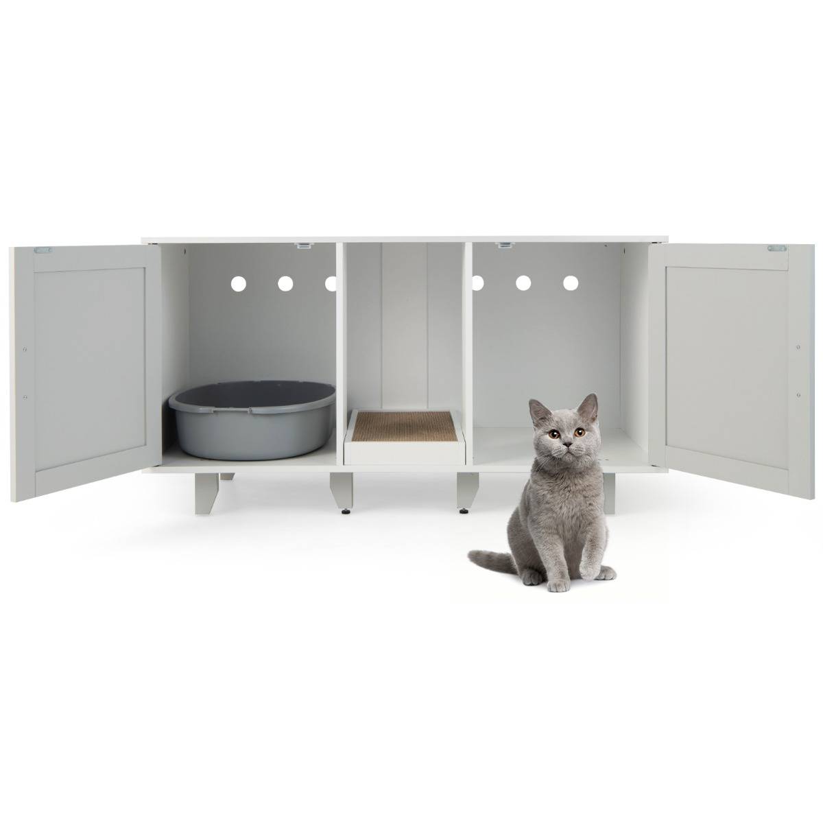 Maison de Toilette pour Chat 2 Portes Planche à Gratter Amovible Meuble Bac à Litière pour Chat 2 Compartiments Gris - Image 1