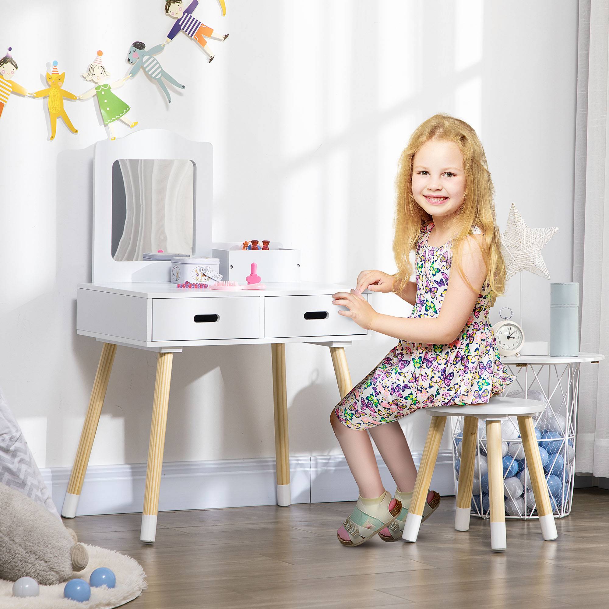 Sans Marque - Ensemble coiffeuse pour enfants avec table de toilette, tabouret, miroir et 2 tiroirs, coloris blanc et bois. - Image 3
