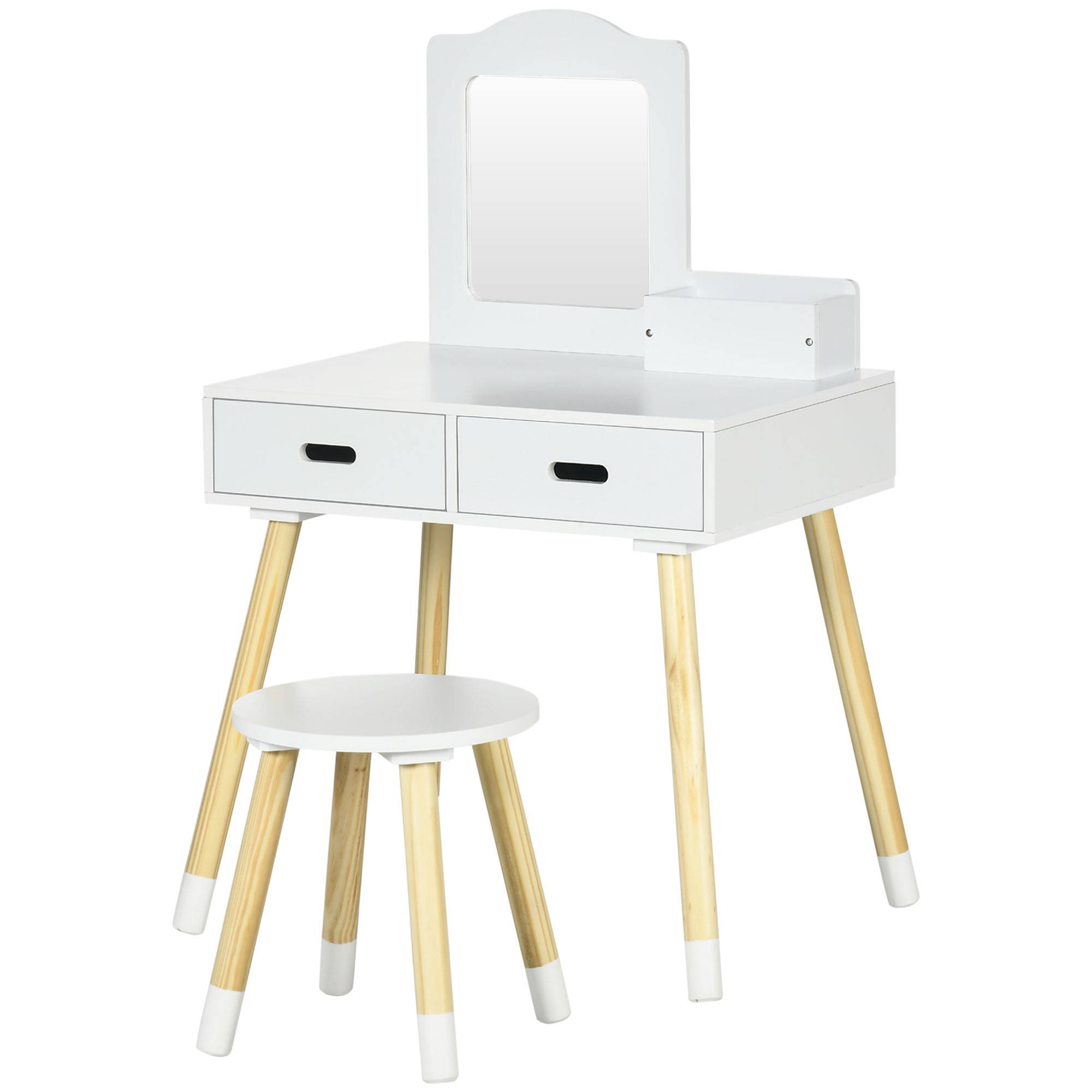 Sans Marque - Ensemble coiffeuse pour enfants avec table de toilette, tabouret, miroir et 2 tiroirs, coloris blanc et bois. - Image 2