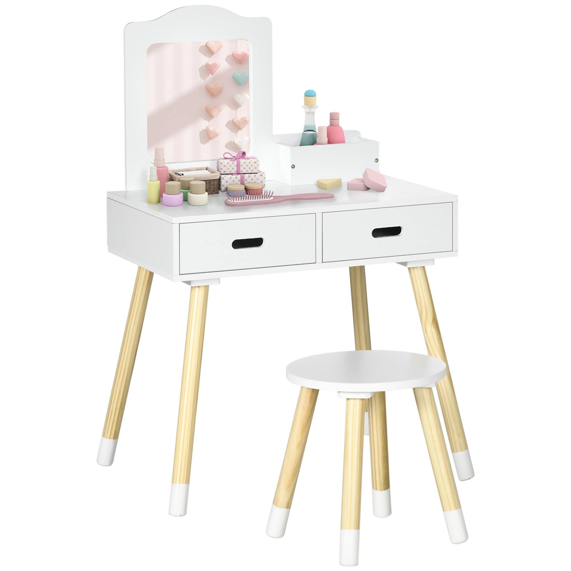 Sans Marque - Ensemble coiffeuse pour enfants avec table de toilette, tabouret, miroir et 2 tiroirs, coloris blanc et bois. - Image 1