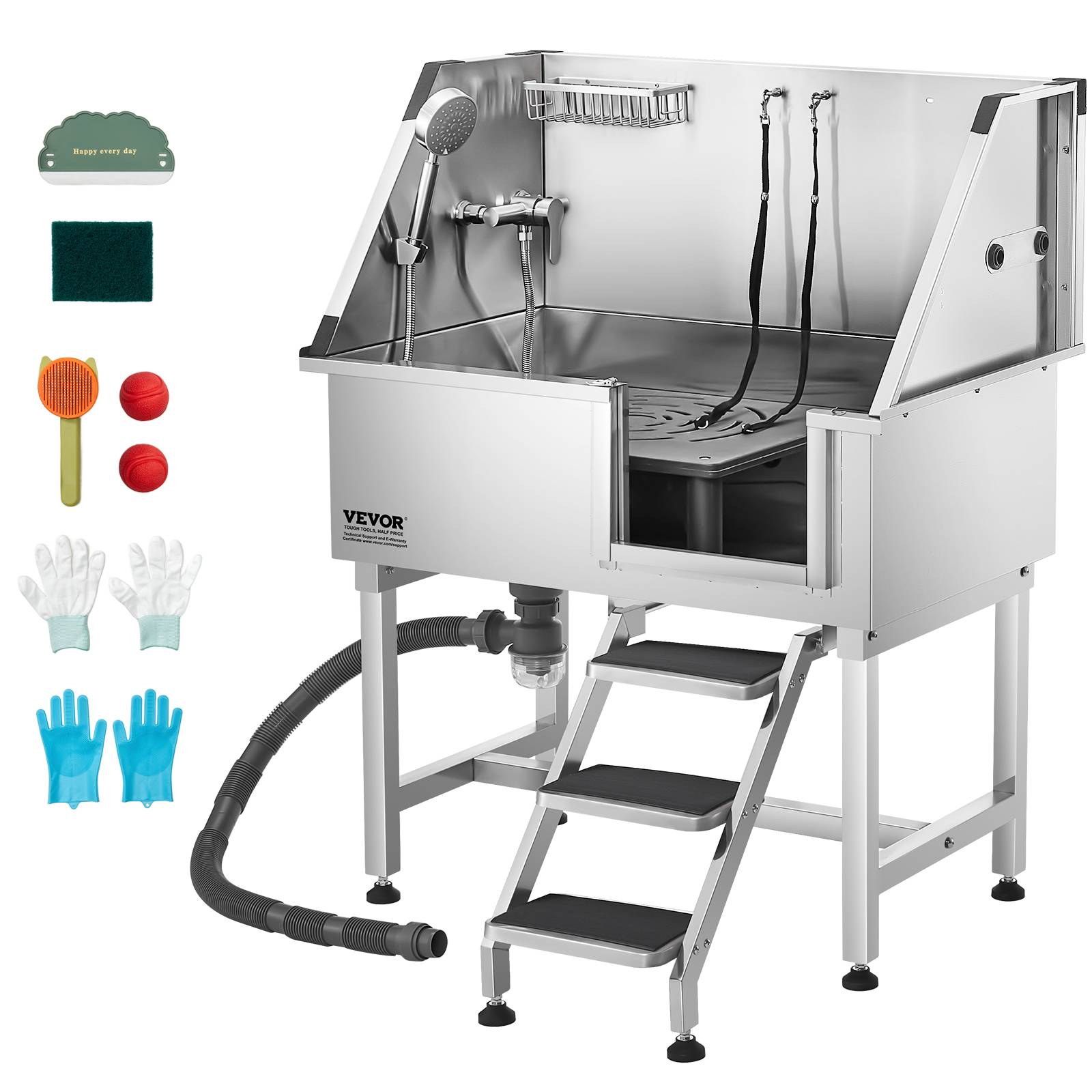 Vevor - VEVOR Baignoire chien inox 96 cm, station lavage, escalier droite, robinet. - Image 1
