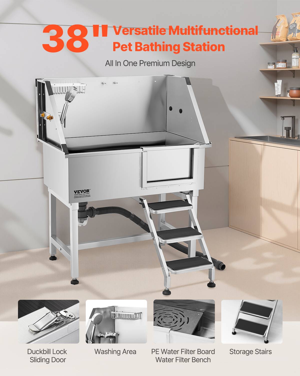 Vevor - VEVOR Baignoire chien inox 96 cm, station lavage, escalier droite, robinet. - Image 2