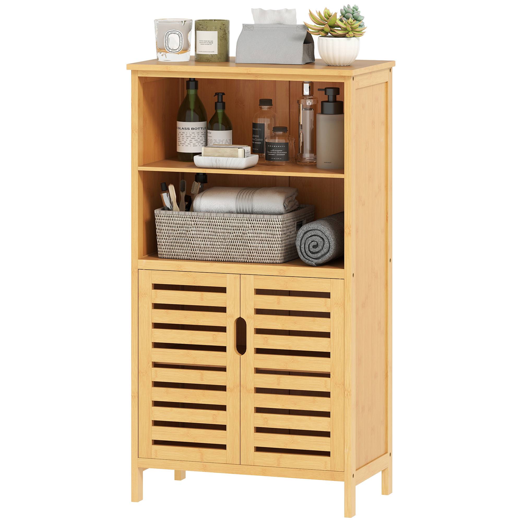 Meuble salle de bain bambou naturel avec 2 portes à lattes et 2 compartiments, rangement écologique 50x29x92 cm - Image 2