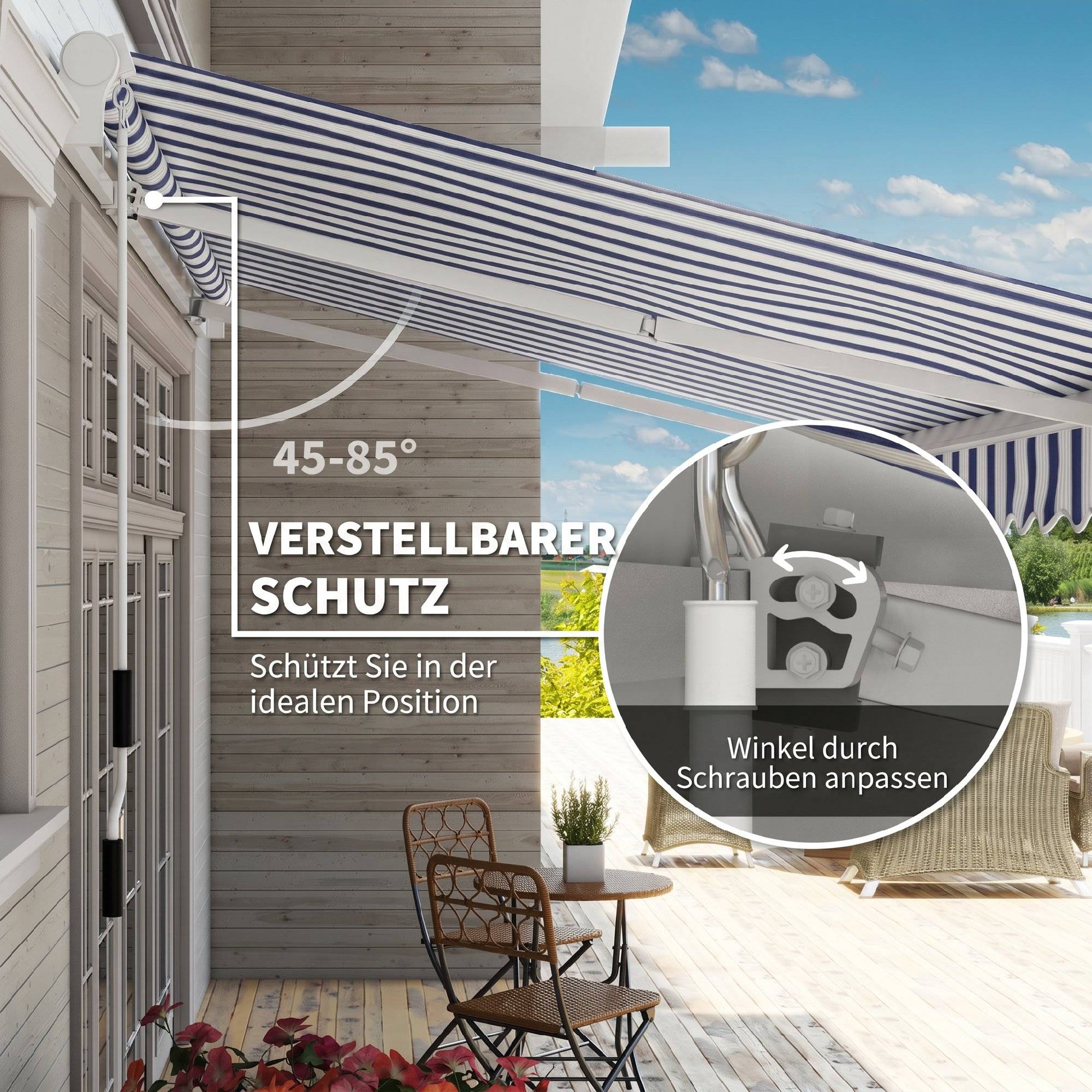 Store pare-soleil rétractable, manivelle, cadre métal, polyester, bleu et blanc, 3,95 x 2,45 x 3,50 m - Image 6