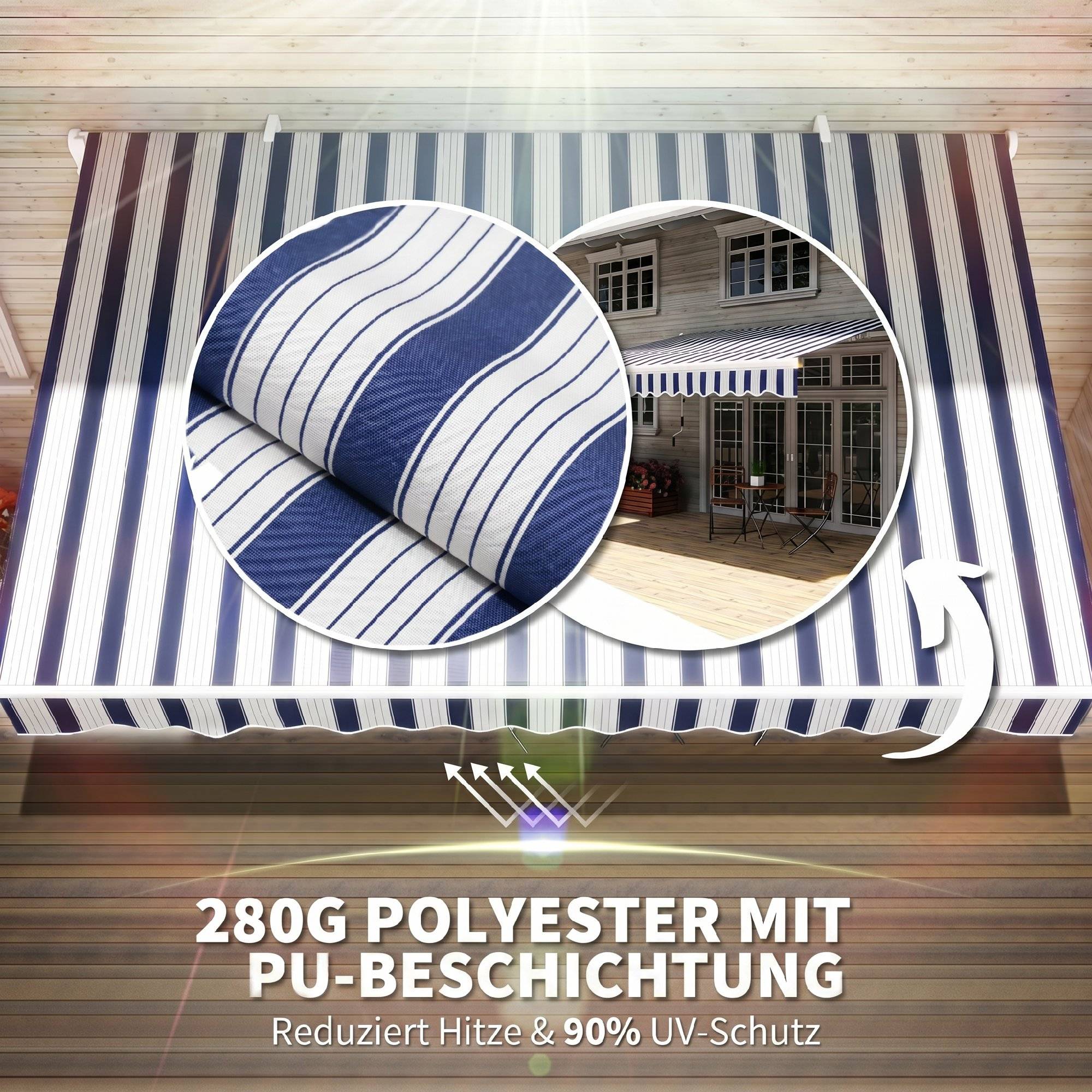 Store pare-soleil rétractable, manivelle, cadre métal, polyester, bleu et blanc, 3,95 x 2,45 x 3,50 m - Image 7