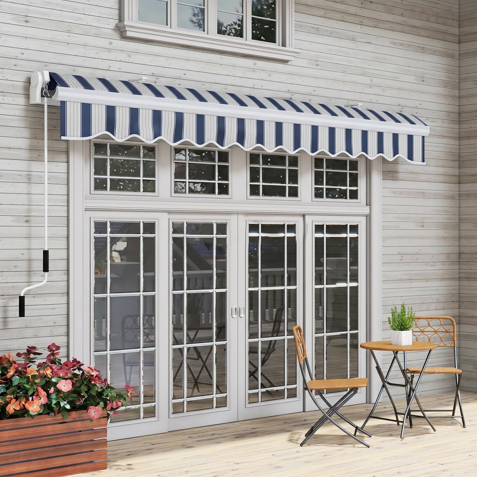 Store pare-soleil rétractable, manivelle, cadre métal, polyester, bleu et blanc, 3,95 x 2,45 x 3,50 m - Image 10