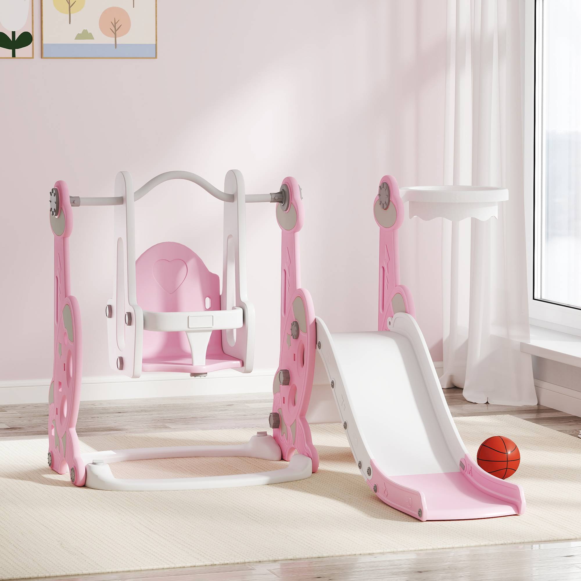 Toboggan enfant 4-en-1 avec balançoire, échelle d’escalade et panier de basket, 18-48 mois, rose, structure stable pour jeux actifs - Image 2