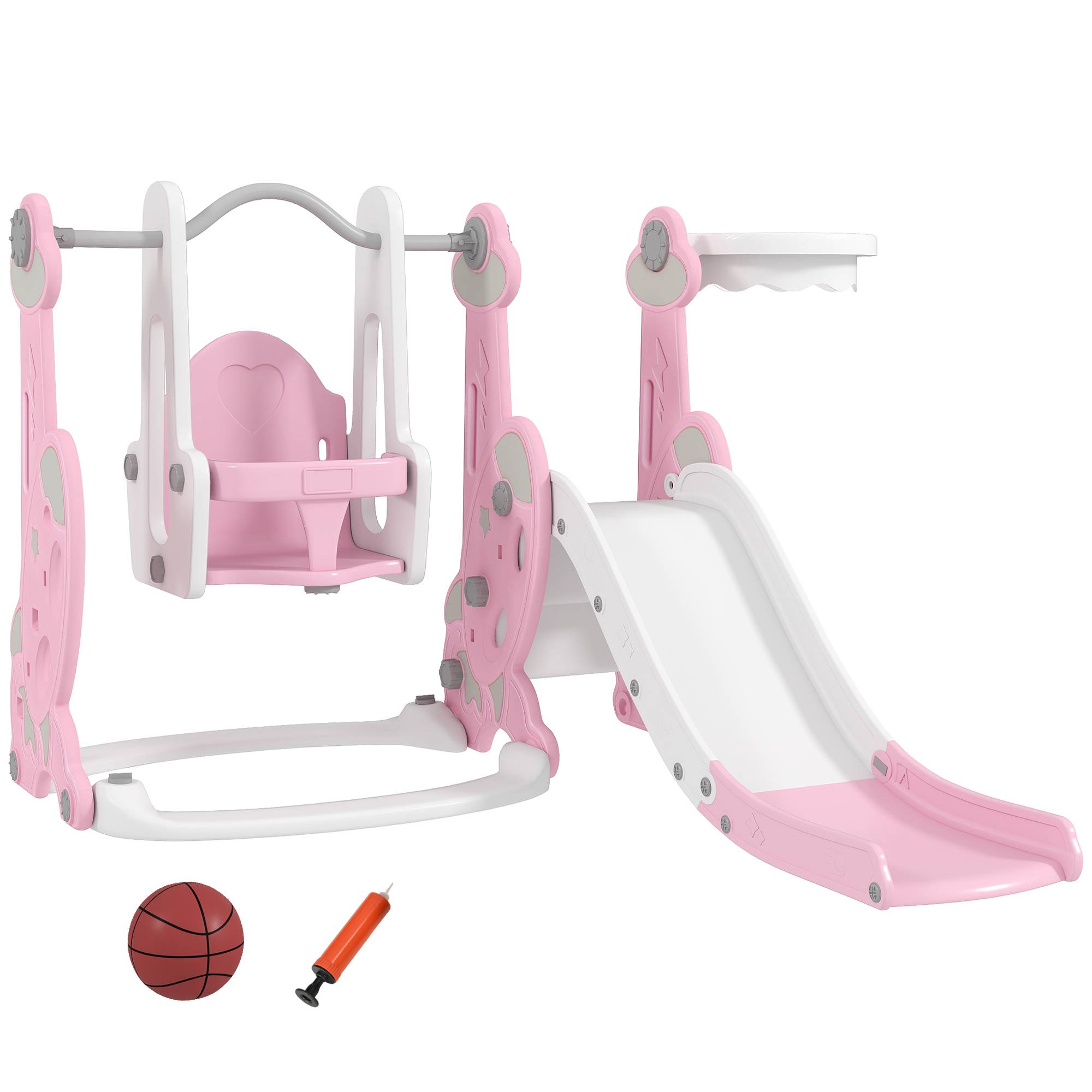 Toboggan enfant 4-en-1 avec balançoire, échelle d’escalade et panier de basket, 18-48 mois, rose, structure stable pour jeux actifs - Image 10
