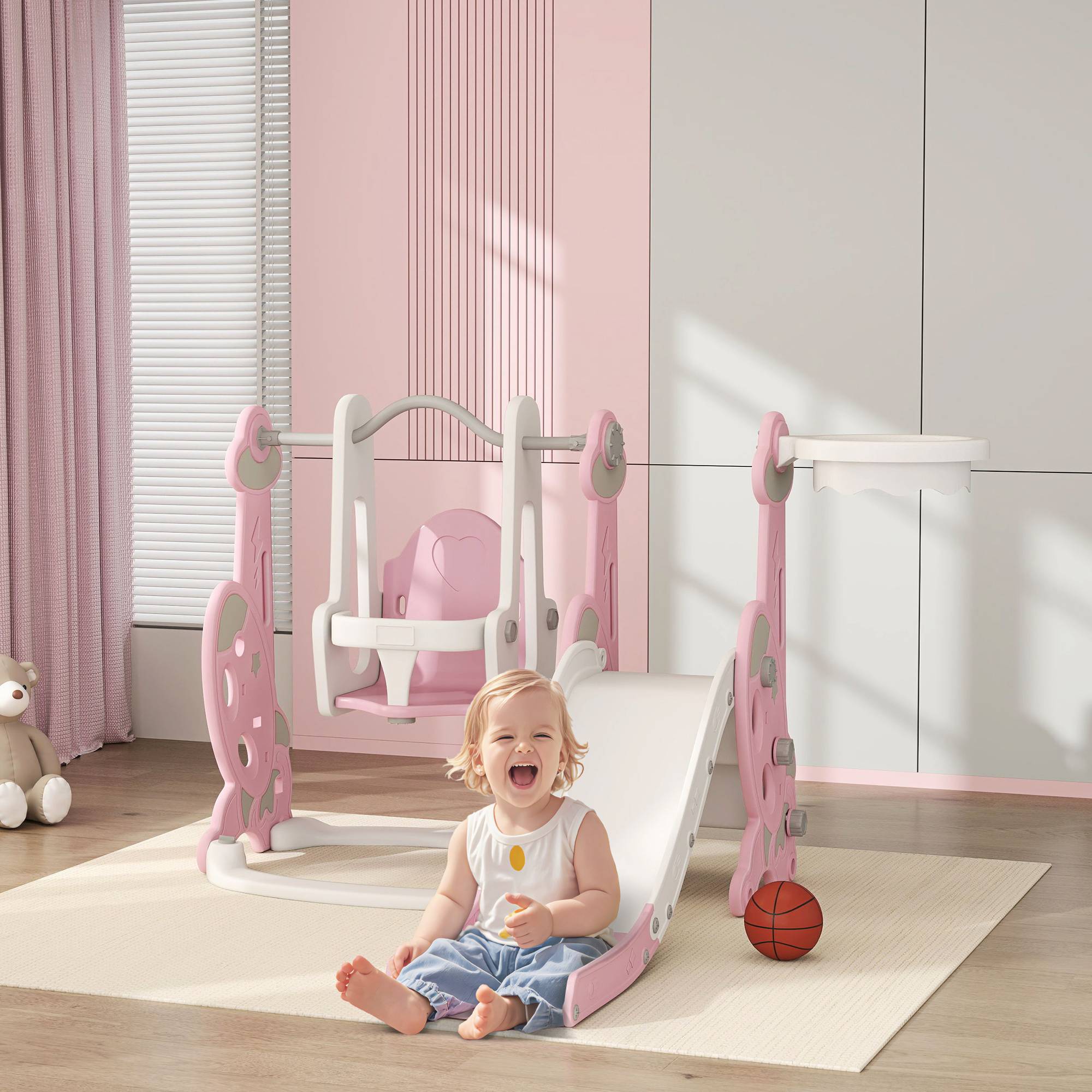 Toboggan enfant 4-en-1 avec balançoire, échelle d’escalade et panier de basket, 18-48 mois, rose, structure stable pour jeux actifs - Image 1