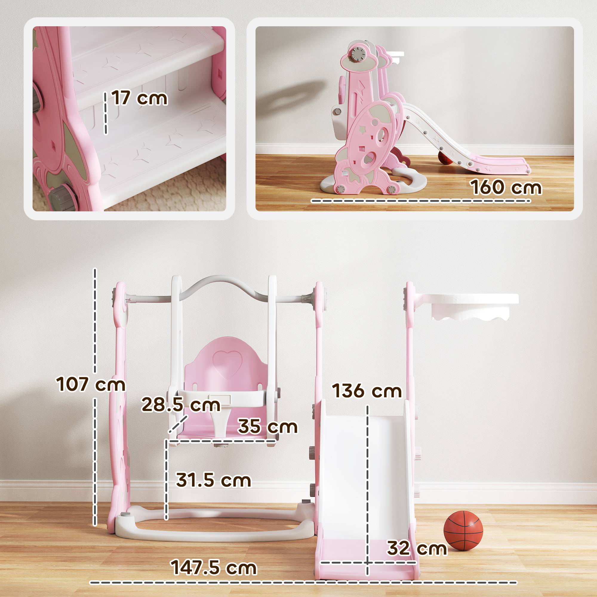 Toboggan enfant 4-en-1 avec balançoire, échelle d’escalade et panier de basket, 18-48 mois, rose, structure stable pour jeux actifs - Image 3