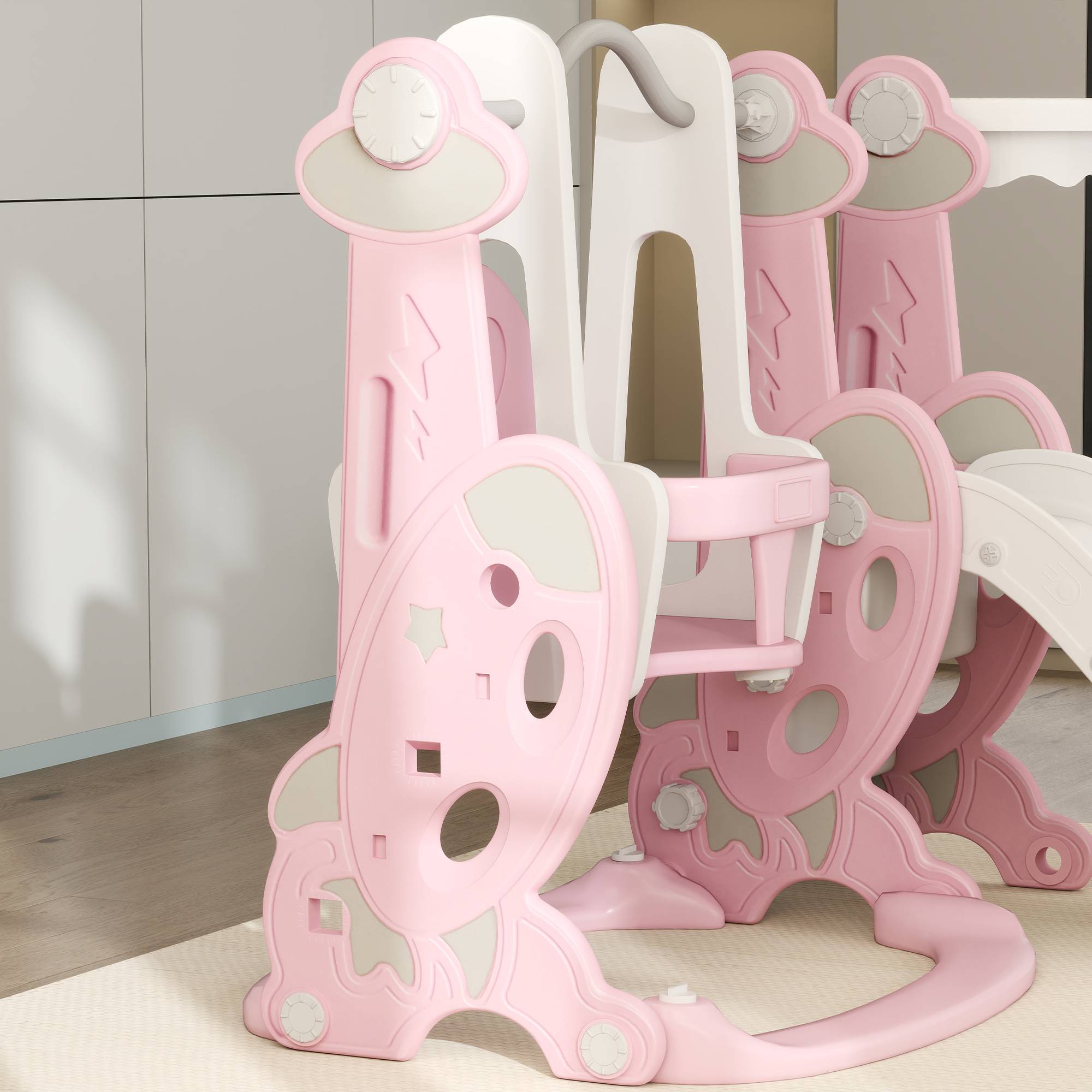 Toboggan enfant 4-en-1 avec balançoire, échelle d’escalade et panier de basket, 18-48 mois, rose, structure stable pour jeux actifs - Image 8