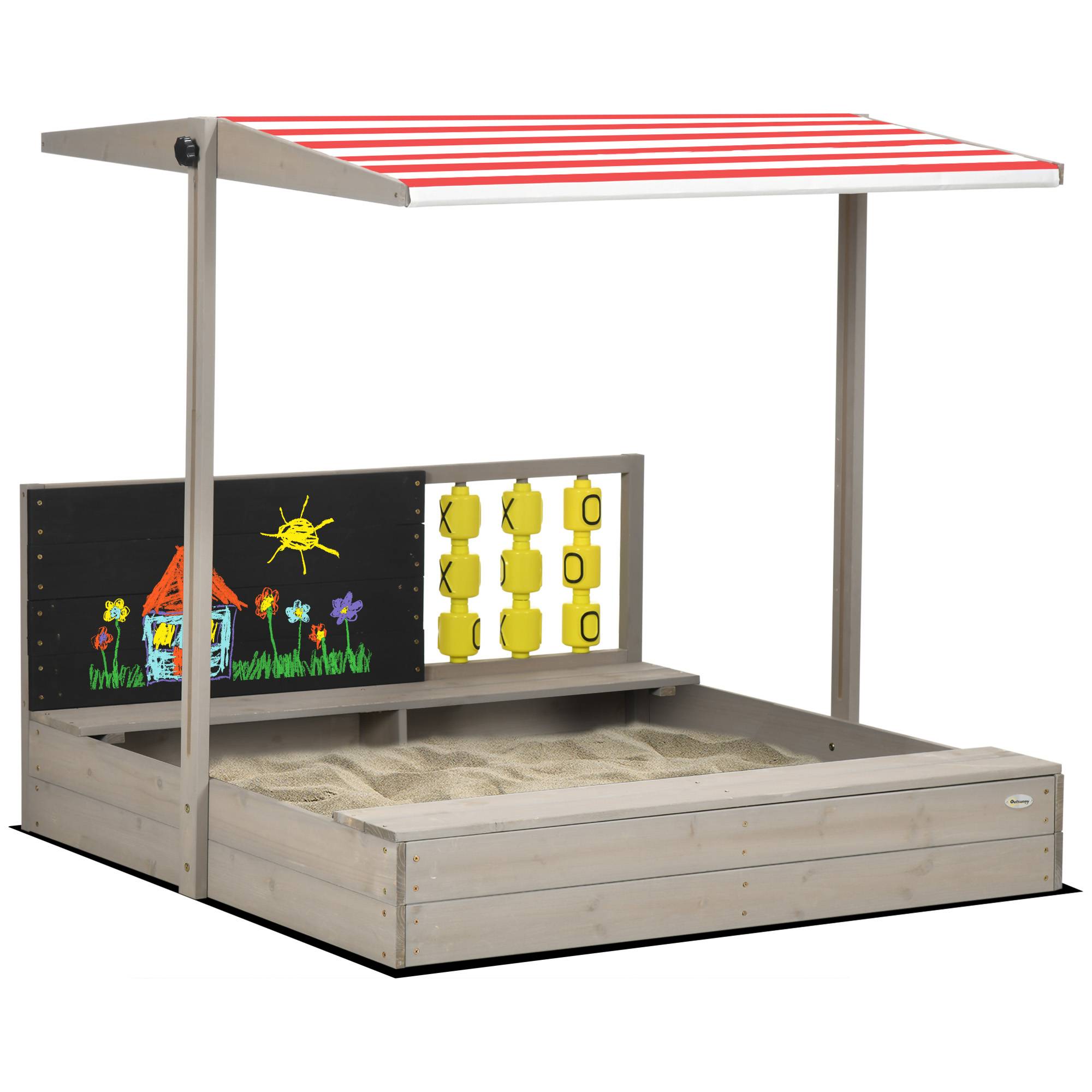 Outsunny - Bac à sable bois carré dim. 1,18L x 1,13l x 1,10H m - hauteur, inclinaison toit réglable, refermable - tableau, jeu - bois sapin gris - Outsunny - Imagen 1