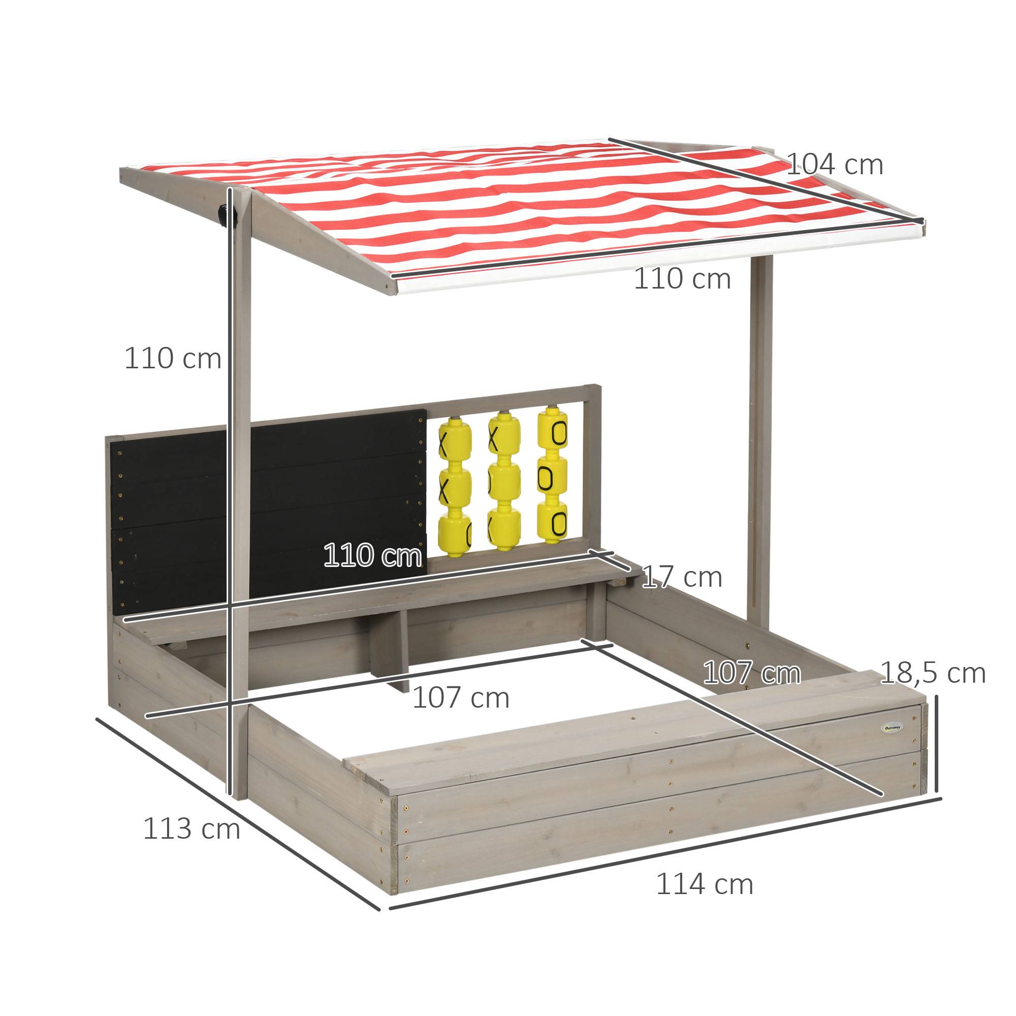Outsunny - Bac à sable bois carré dim. 1,18L x 1,13l x 1,10H m - hauteur, inclinaison toit réglable, refermable - tableau, jeu - bois sapin gris - Outsunny - Imagen 3