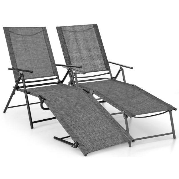 Helloshop26 - Chaises longues pliantes fauteuil 2 pièces dossier à 6 niveaux tissu de siège respirant cadre en métal solide chaises inclinables réglables gris - Imagen 2