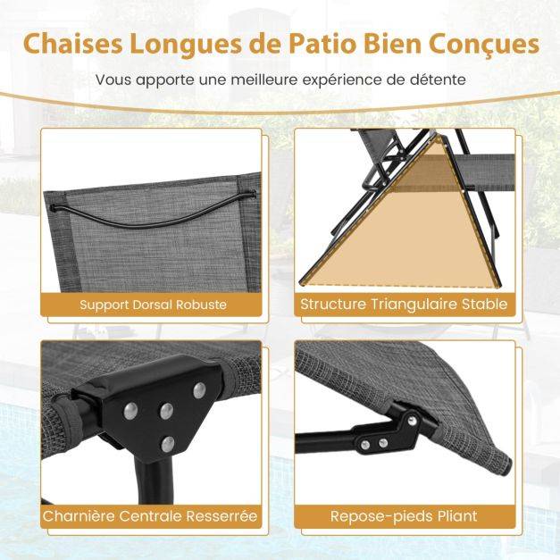 Helloshop26 - Chaises longues pliantes fauteuil 2 pièces dossier à 6 niveaux tissu de siège respirant cadre en métal solide chaises inclinables réglables gris - Imagen 3