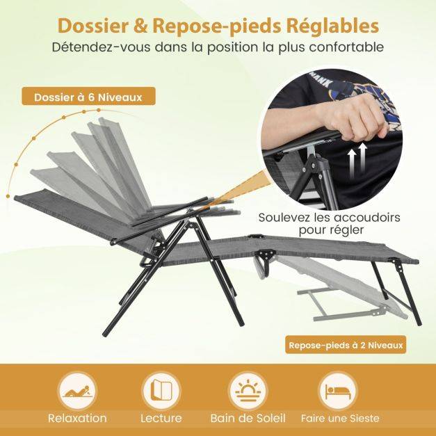 Helloshop26 - Chaises longues pliantes fauteuil 2 pièces dossier à 6 niveaux tissu de siège respirant cadre en métal solide chaises inclinables réglables gris - Imagen 4