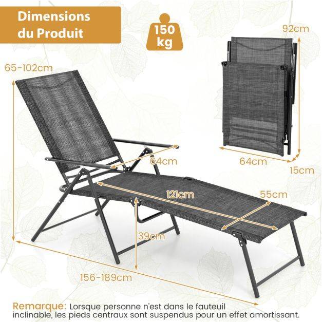 Helloshop26 - Chaises longues pliantes fauteuil 2 pièces dossier à 6 niveaux tissu de siège respirant cadre en métal solide chaises inclinables réglables gris - Imagen 5