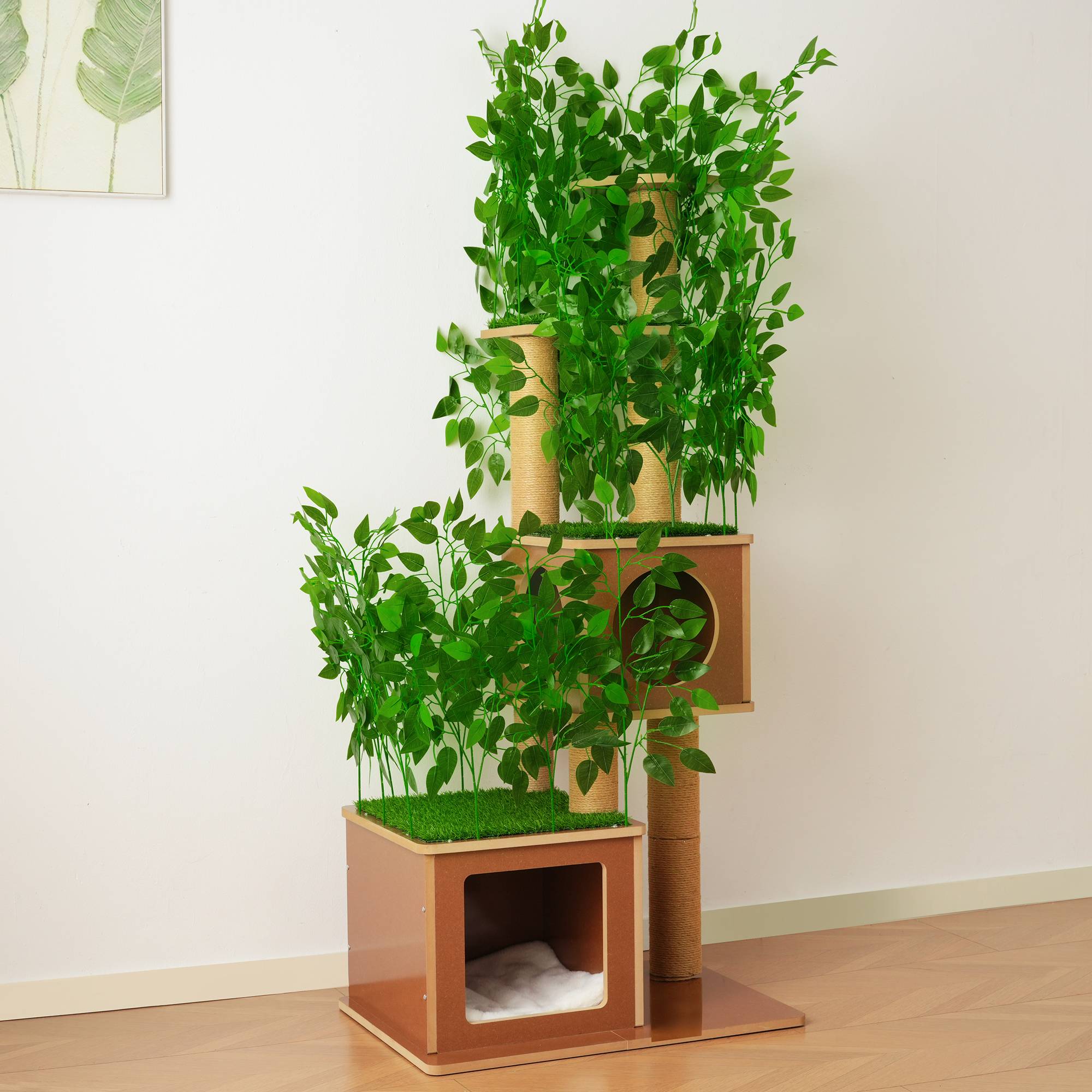 Arbre à chat design arbre 175 cm, feuilles artificielles amovibles, 2 niches, 2 paliers, poteaux sisal, coussin doux, pour plusieurs chats - Image 7