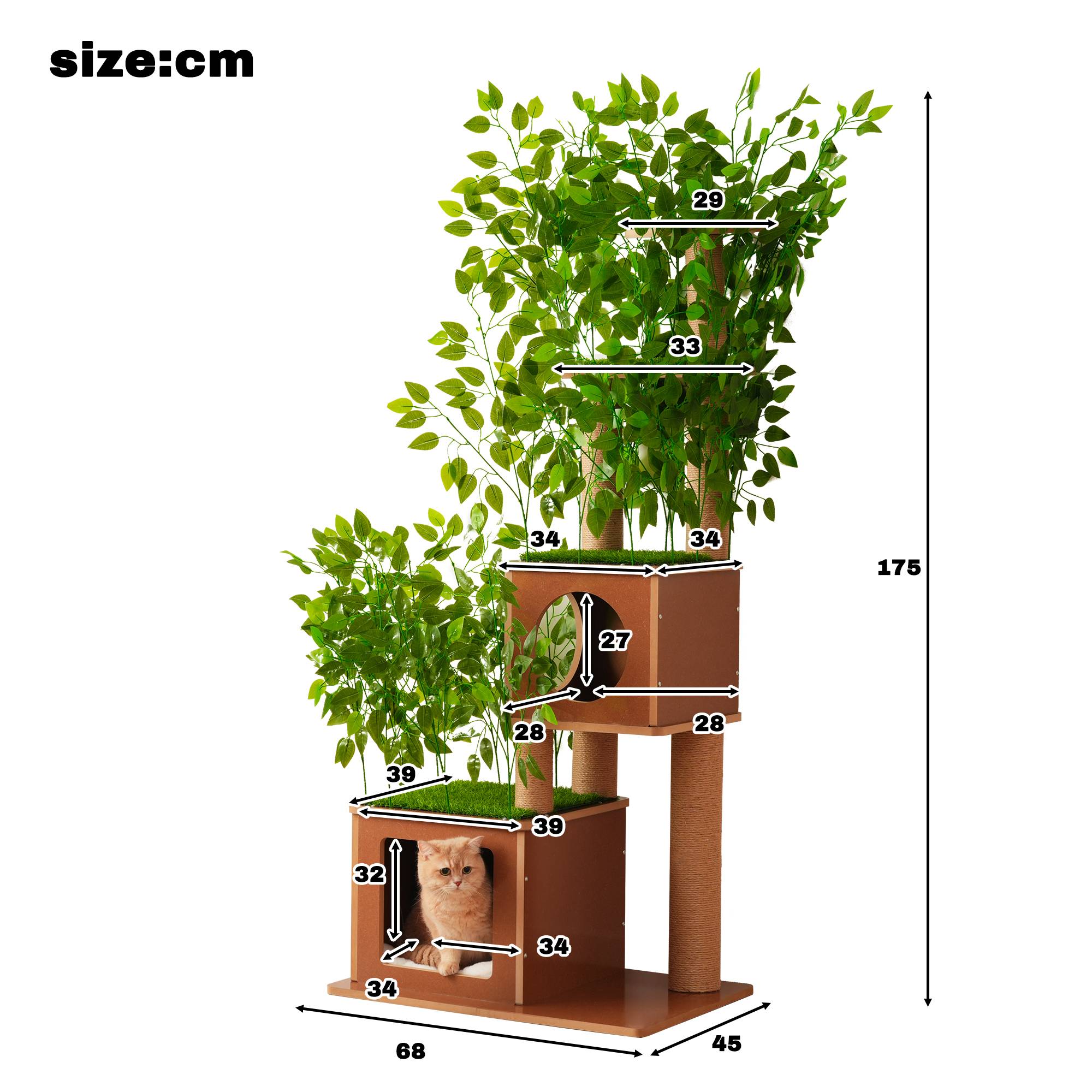 Arbre à chat design arbre 175 cm, feuilles artificielles amovibles, 2 niches, 2 paliers, poteaux sisal, coussin doux, pour plusieurs chats - Image 4
