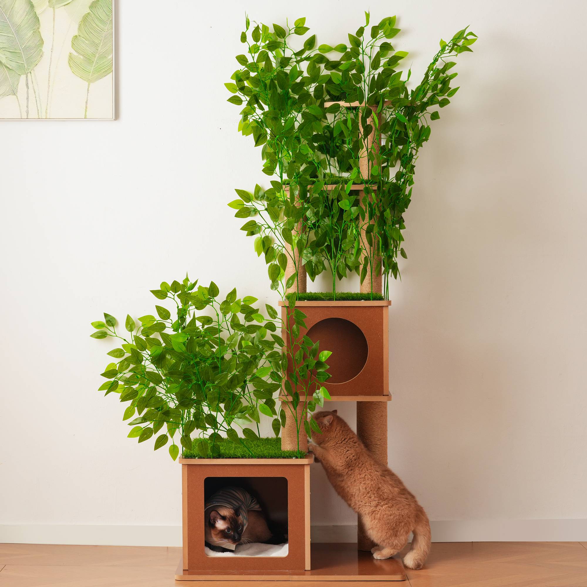 Arbre à chat design arbre 175 cm, feuilles artificielles amovibles, 2 niches, 2 paliers, poteaux sisal, coussin doux, pour plusieurs chats - Image 8