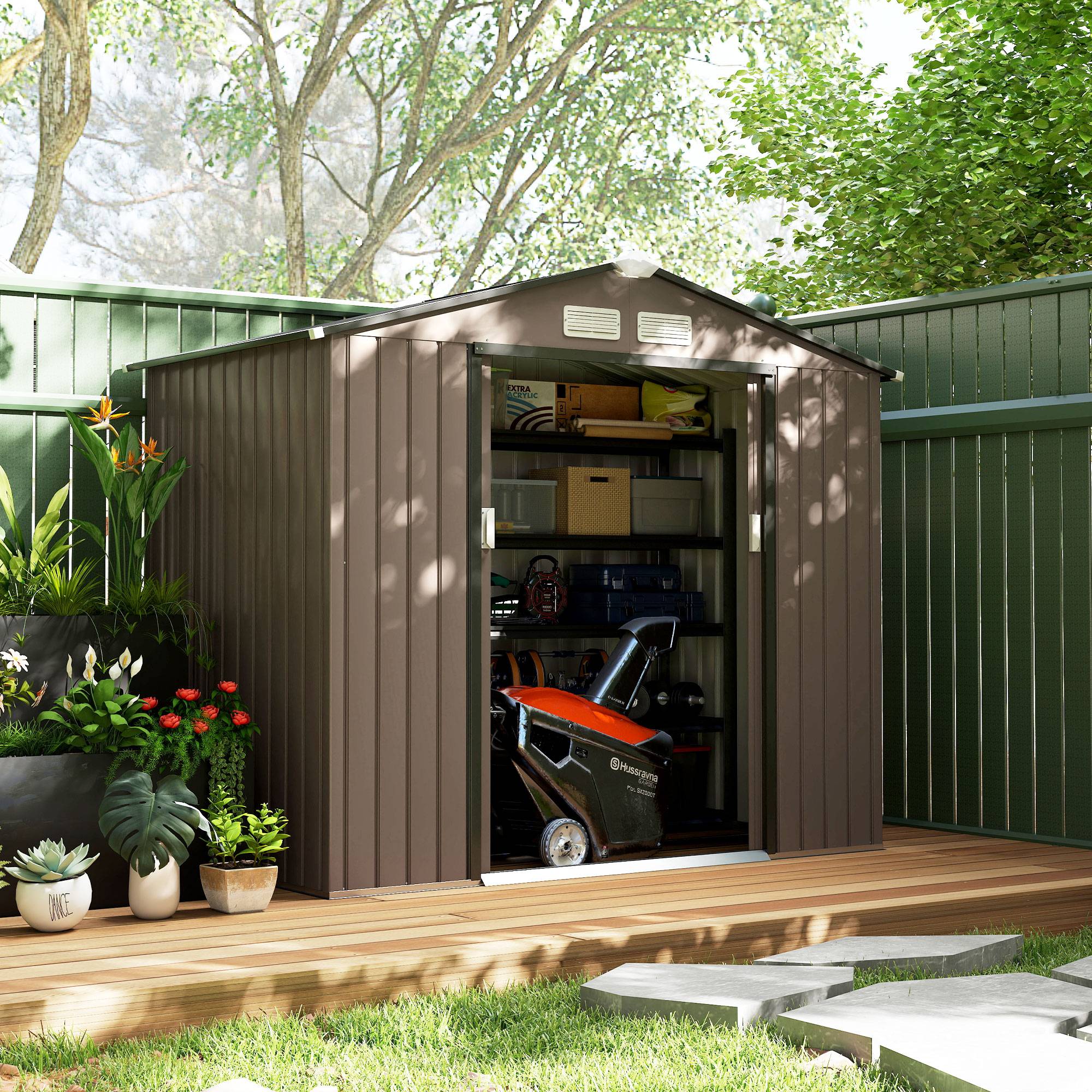 ComfortXL - Abri de jardin tôle acier aménagement extérieur stockage outils 213x130cm marron - ComfortXL Outdoor Living - Image 4