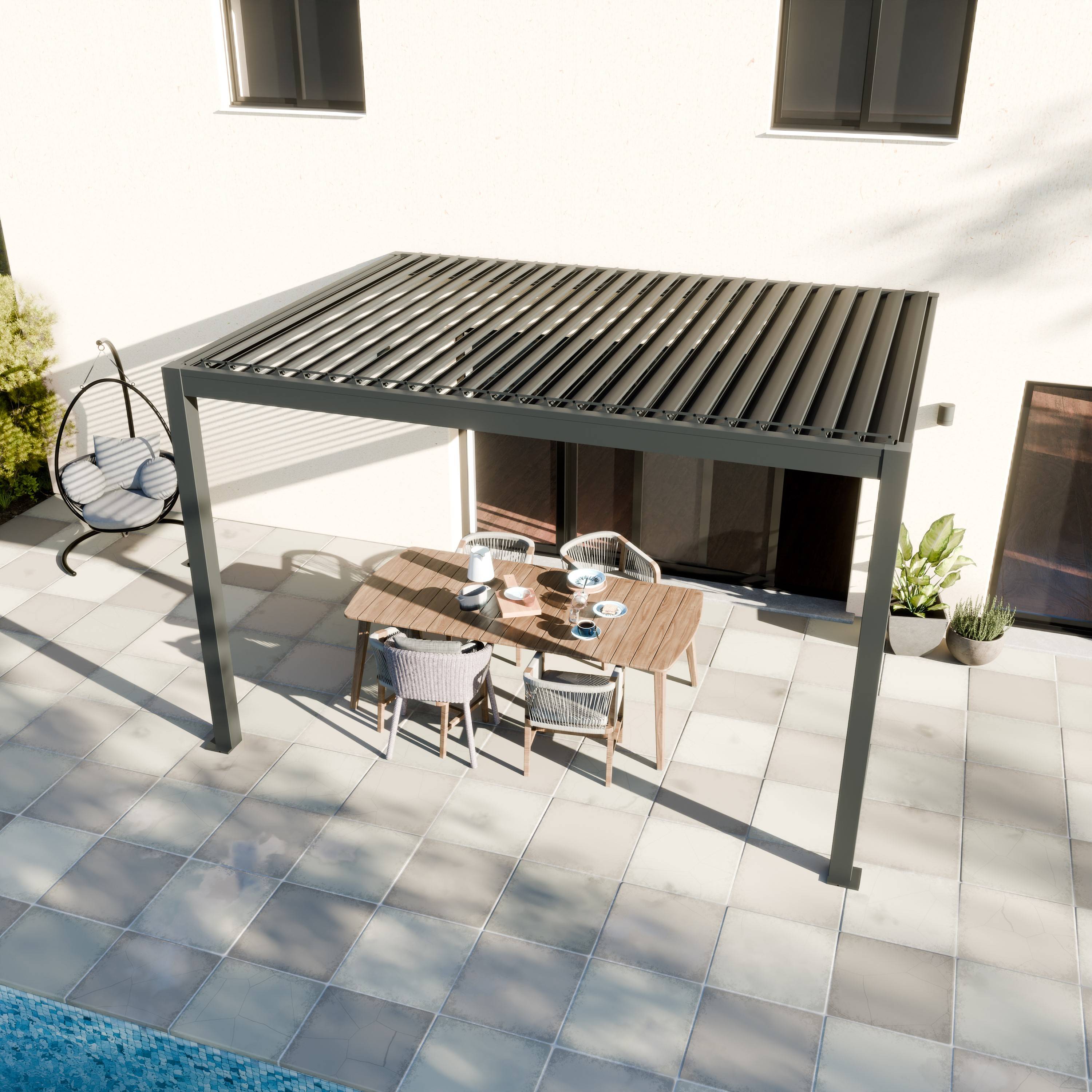 Pergola Bioclimatique Adossée Motorisée 12m² 3x4m Gris Anthracite STELLAR - Eclairage Intégré - Image 2
