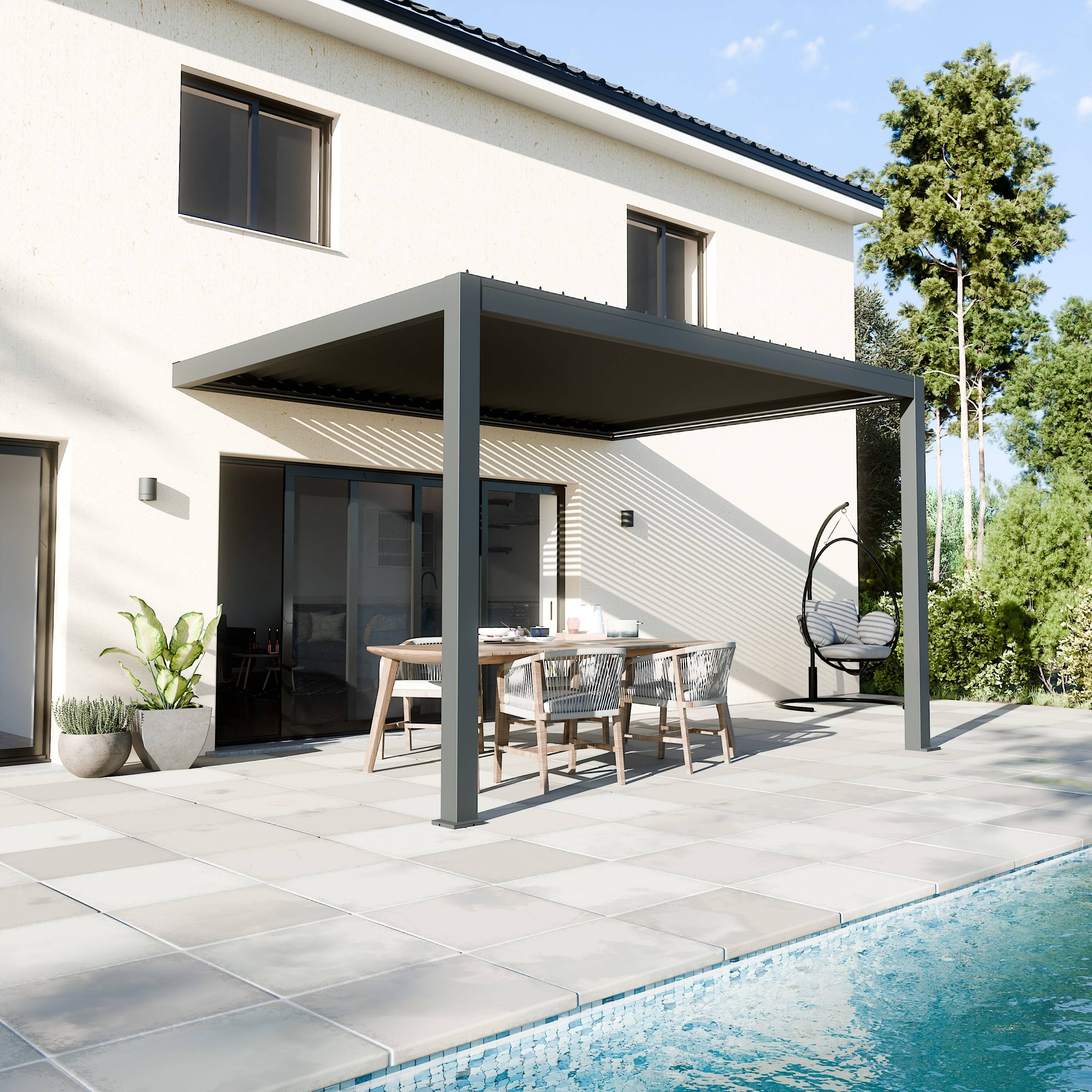 Pergola Bioclimatique Adossée Motorisée 12m² 3x4m Gris Anthracite STELLAR - Eclairage Intégré - Image 1