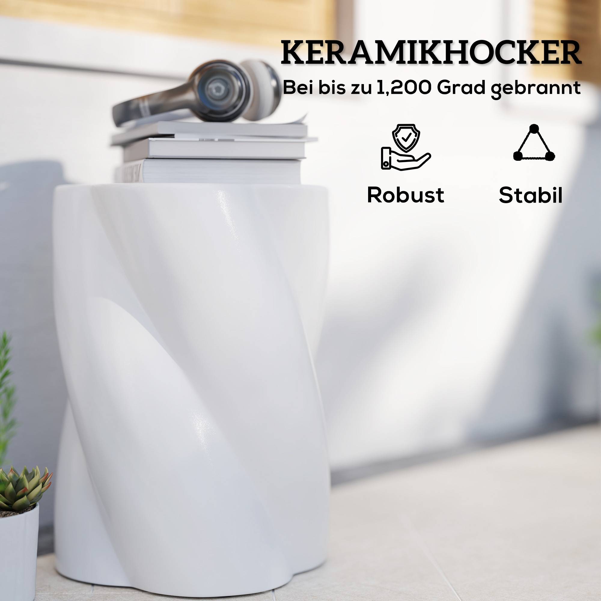 Tabouret de jardin en céramique forme spirale avec couvercle, capacité 120 kg, Ø33 x 45 cm, Blanc, extérieur - Image 5